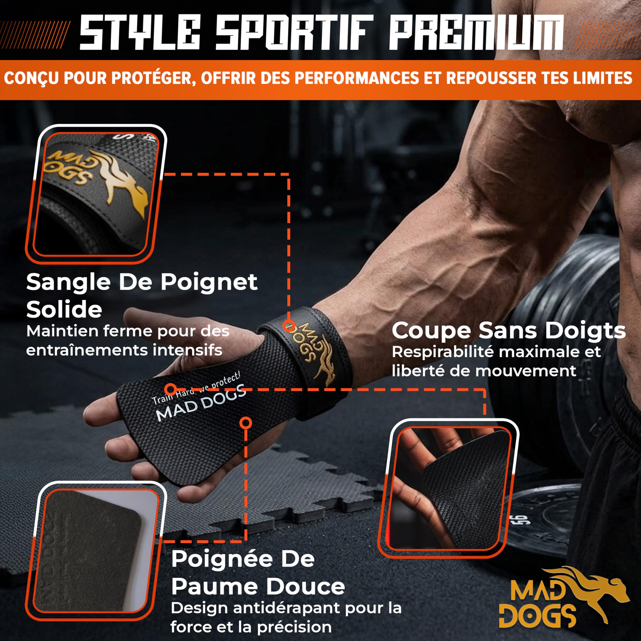 MAD DOGS Boxer pour Crossfit et Cross Training, Hand Grips avec coussin, protection et confort, design sans trous, unisexe