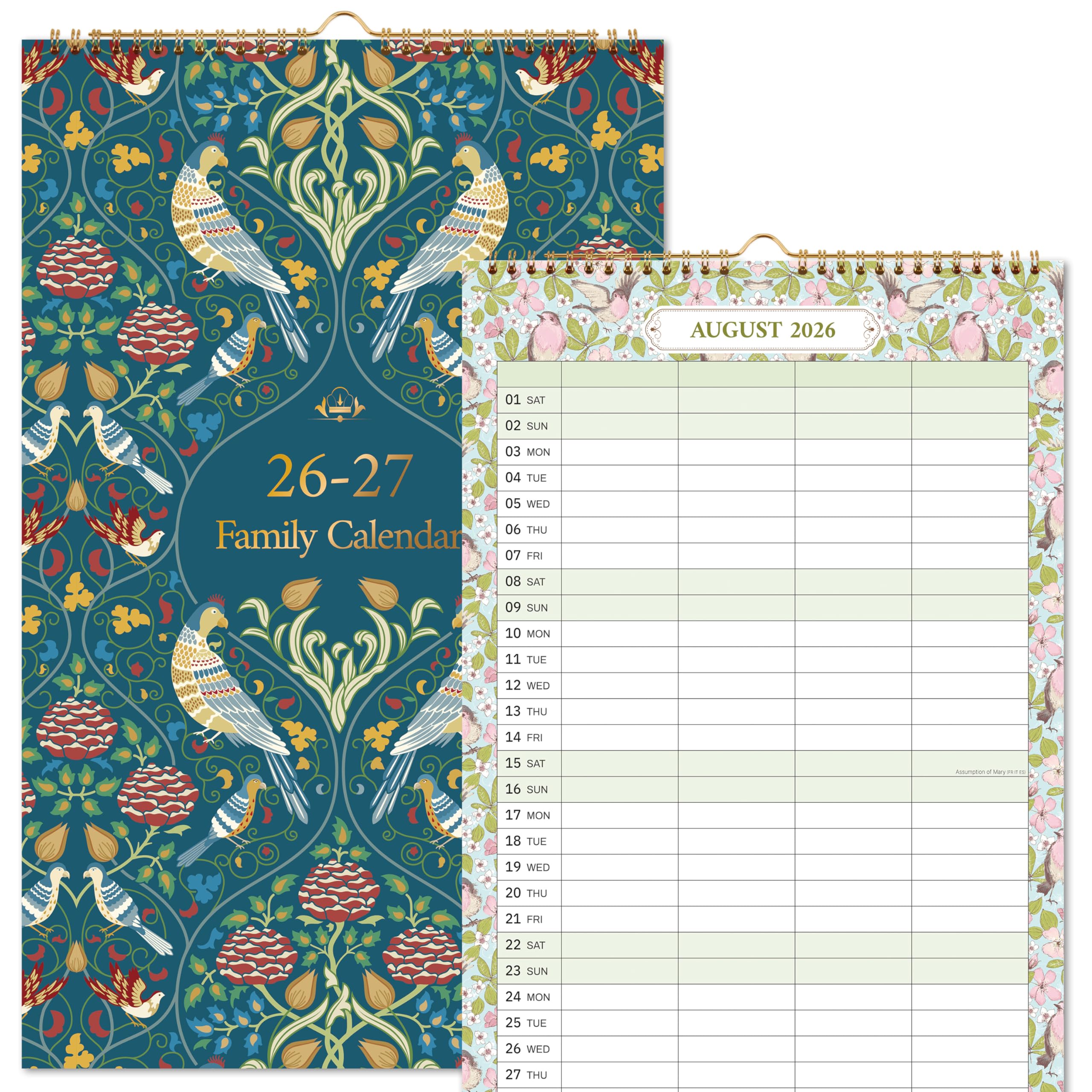 Calendrier 2026-2027 uk - Calendrier Familial 2026-2027, Calendrier Mural de juillet 2026 à décembre 2027, 38 x 23,5 cm, Mise en page à 4 Colonnes, oiseau