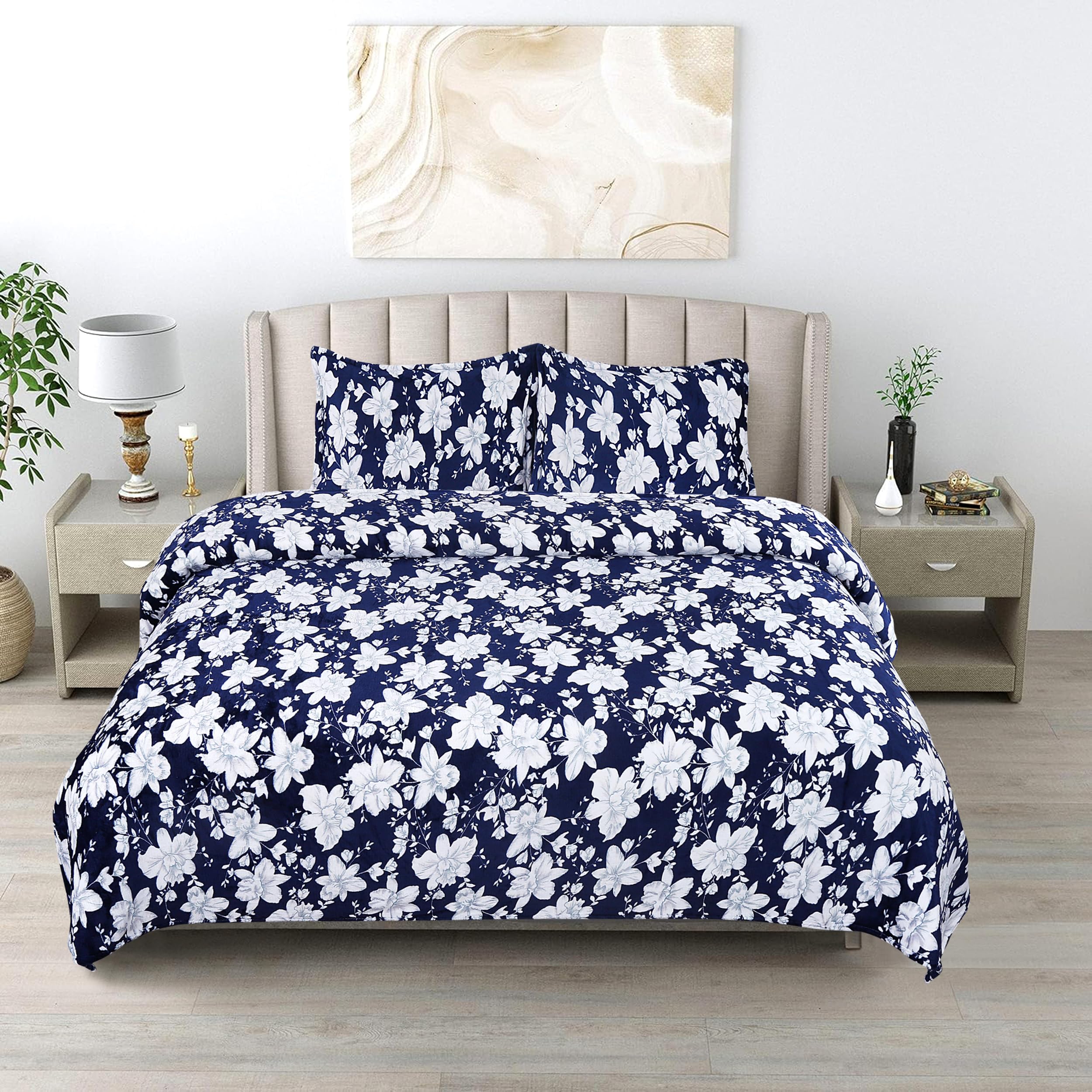 Gullivar Cannes Flannel Printed Double Blanket with 2 Matching Pillow Covers | All-Season Reversible AC Blanket for Winter & Summer | Cozy & Ultra Soft Quilt for Double Bed (90x100 in) (White & Blue)