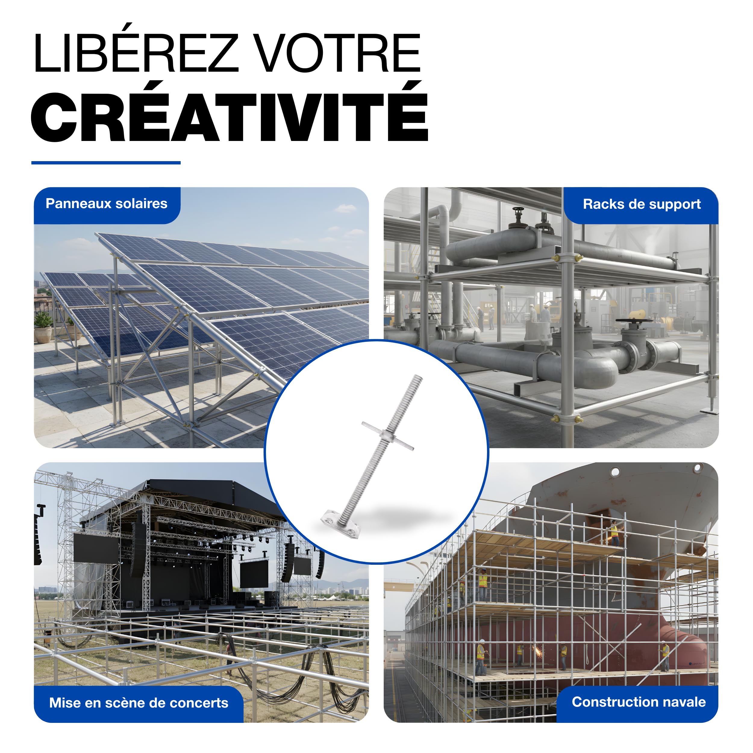 GeZu Impex Pied d'échafaudage avec Tige Filetée Ø 38 x 1000 mm | Galvanisé à Chaud plaques de pieds réglables