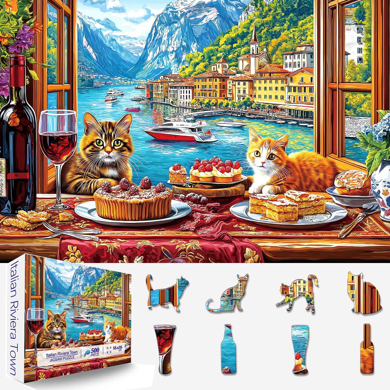 500-Piece Seaside Landscape Puzzle - Colorful Houses, Cats & Coastal Scene, 23x15" - View #11