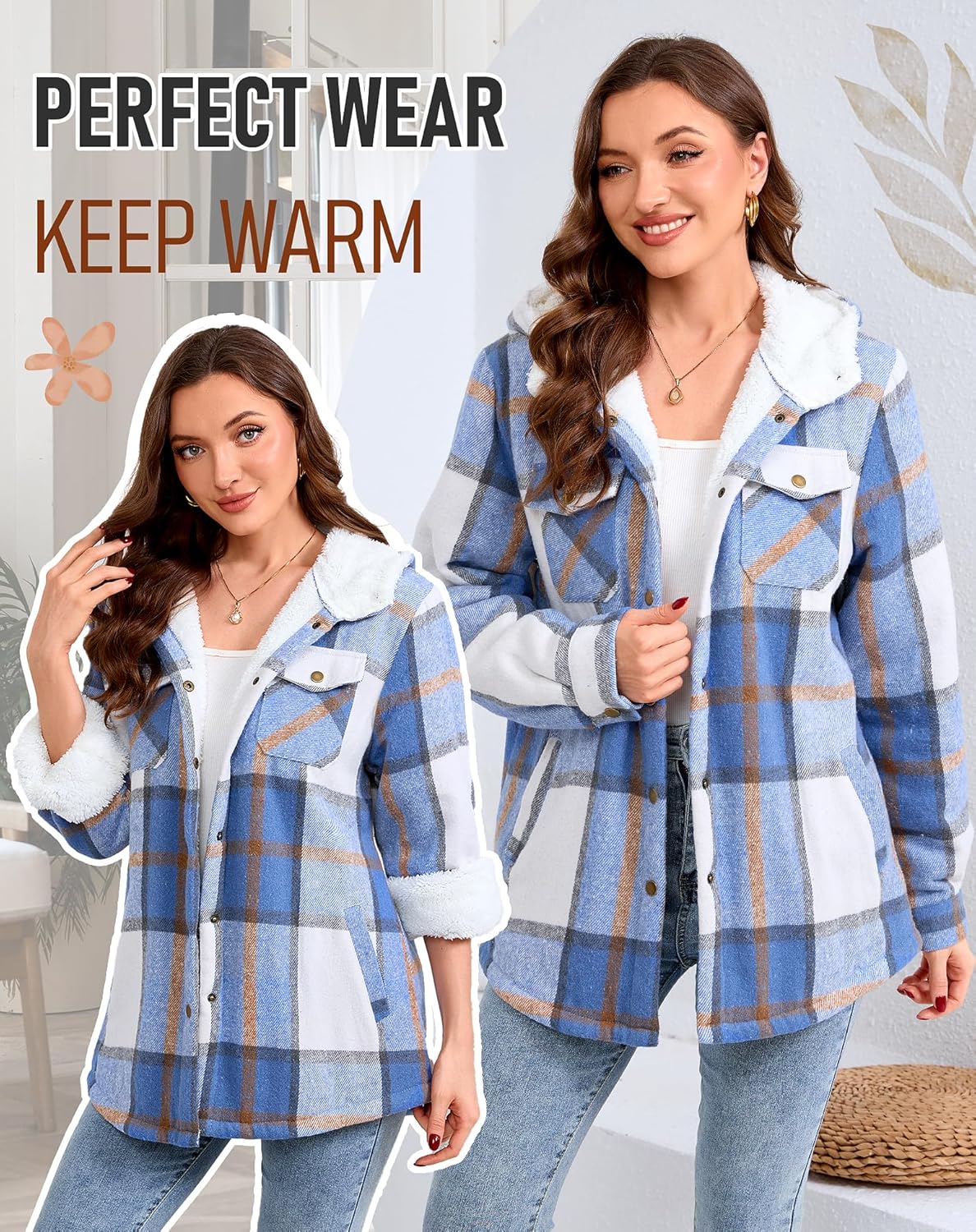 Elesuit Women's Fleece Flannel Jacket Plaid Sherpa Lined Jacket Long Sleeve Button Down Hooded Jackets for Women - Image 5