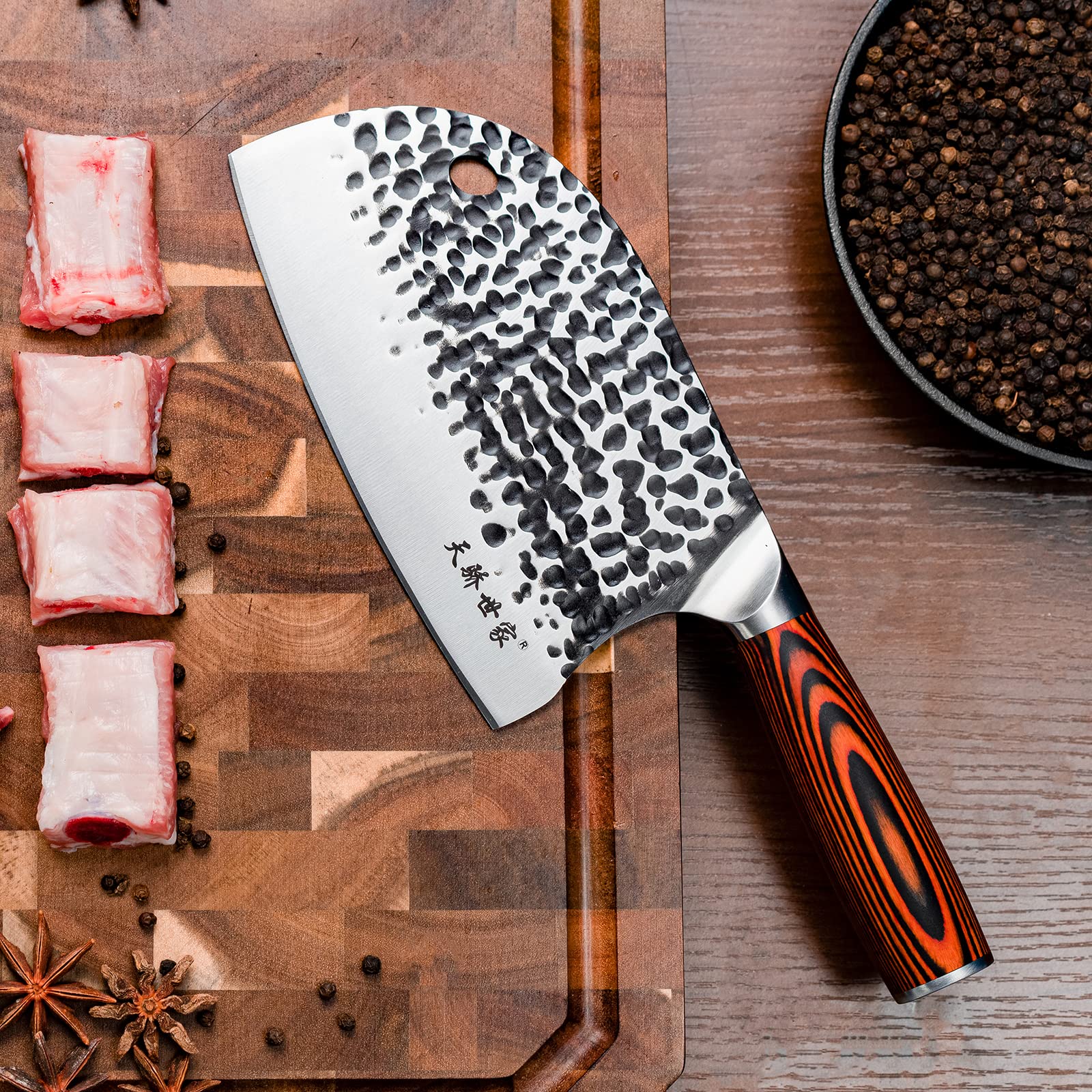 TJ POP Mannaia Coltello da Chef Cinese, Coltello da Cucina Professionale 16.5cm, Coltello per Carne Affilato con Design Full Tang, Lama in Acciaio 50Cr15 Spessore 3mm, TJ SEGA Serie TC19074