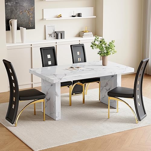 Miniatura 44 de Juego de mesa de comedor moderno para 6, juego de mesa de comedor blanco de 63 pulgadas para 6, tablero de mesa de cocina MDF con patrón de mármol y