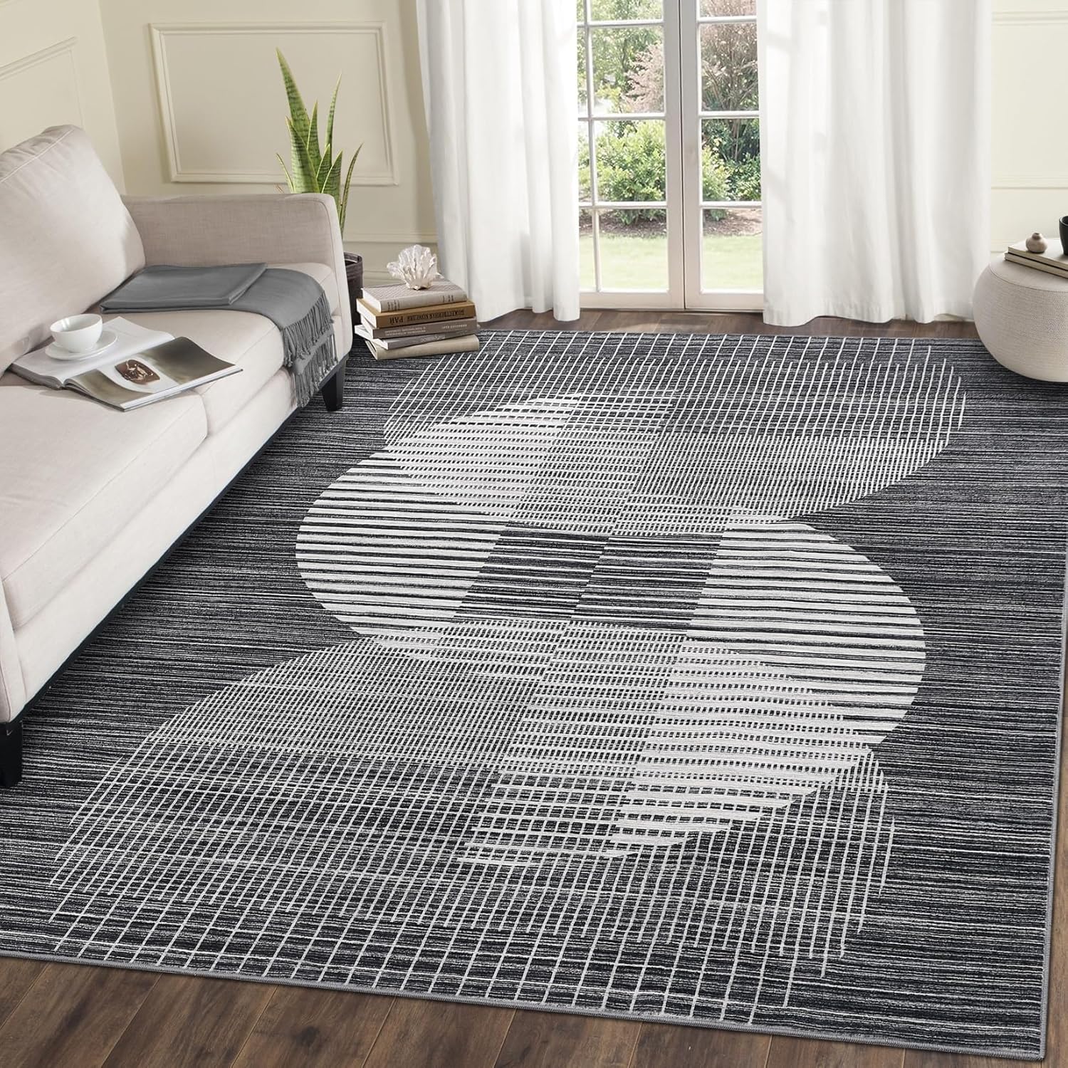 Garvee Washable Rug 8x10 Area Rugs for Living Room, Modern Abstract Black Rug for Bedroom Soft Non Slip Throw Carpet with Semi-Circle Print Ultra Thin Textured Floor Cover for Dining Room Home Office