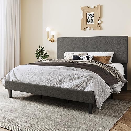 Miniatura 17 de SHA CERLIN Base de cama de plataforma de tamaño matrimonial con cabecera ajustable y soporte de listones de madera, base de colchón tapizada Boucle,