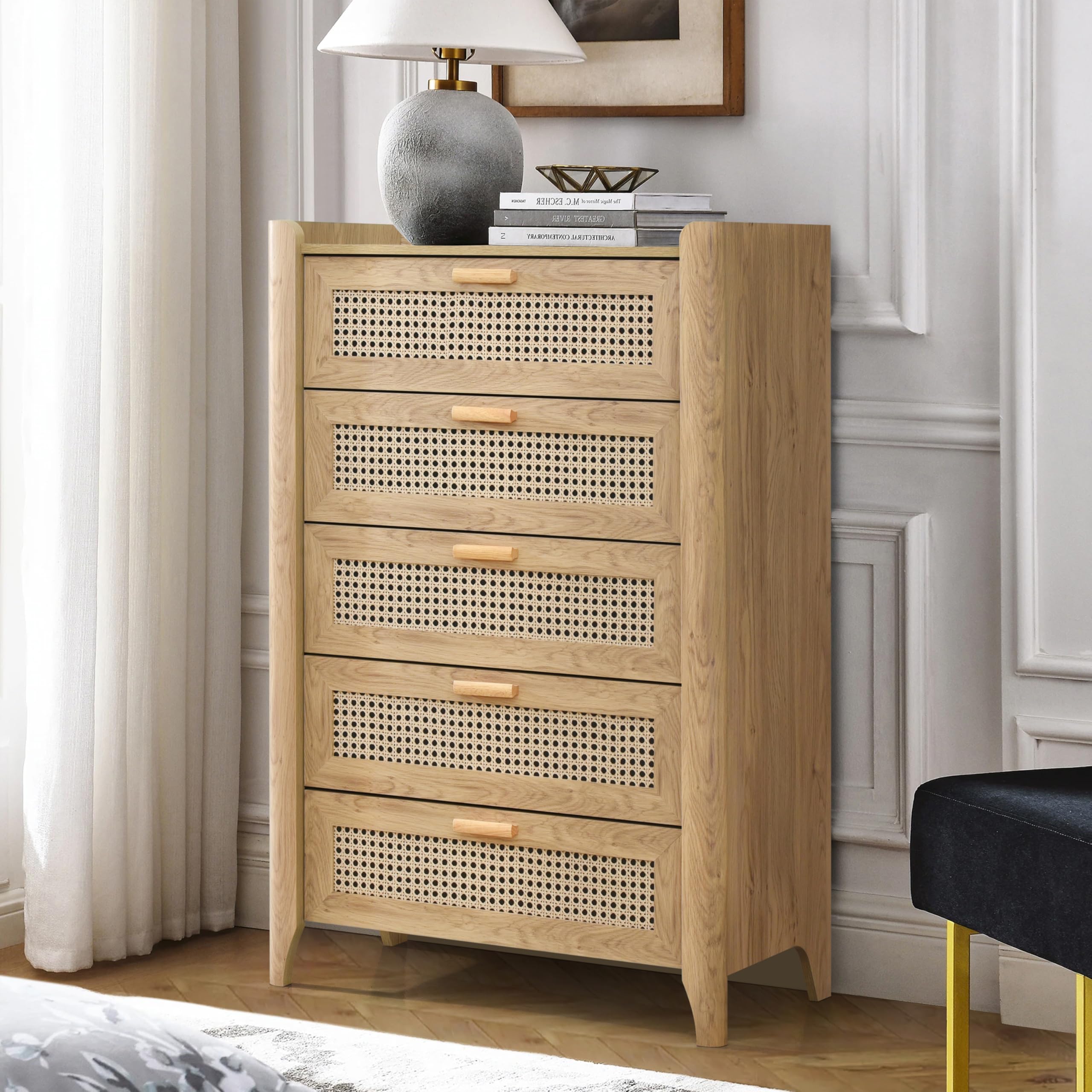 ELISA HOME Rattan-Inspired 5 Drawers Dresser for Bedroom, 47.2" Tall Dressers, Wood Drawer Organizer for Clothes, Entryway, Hallway, Nursery or Living