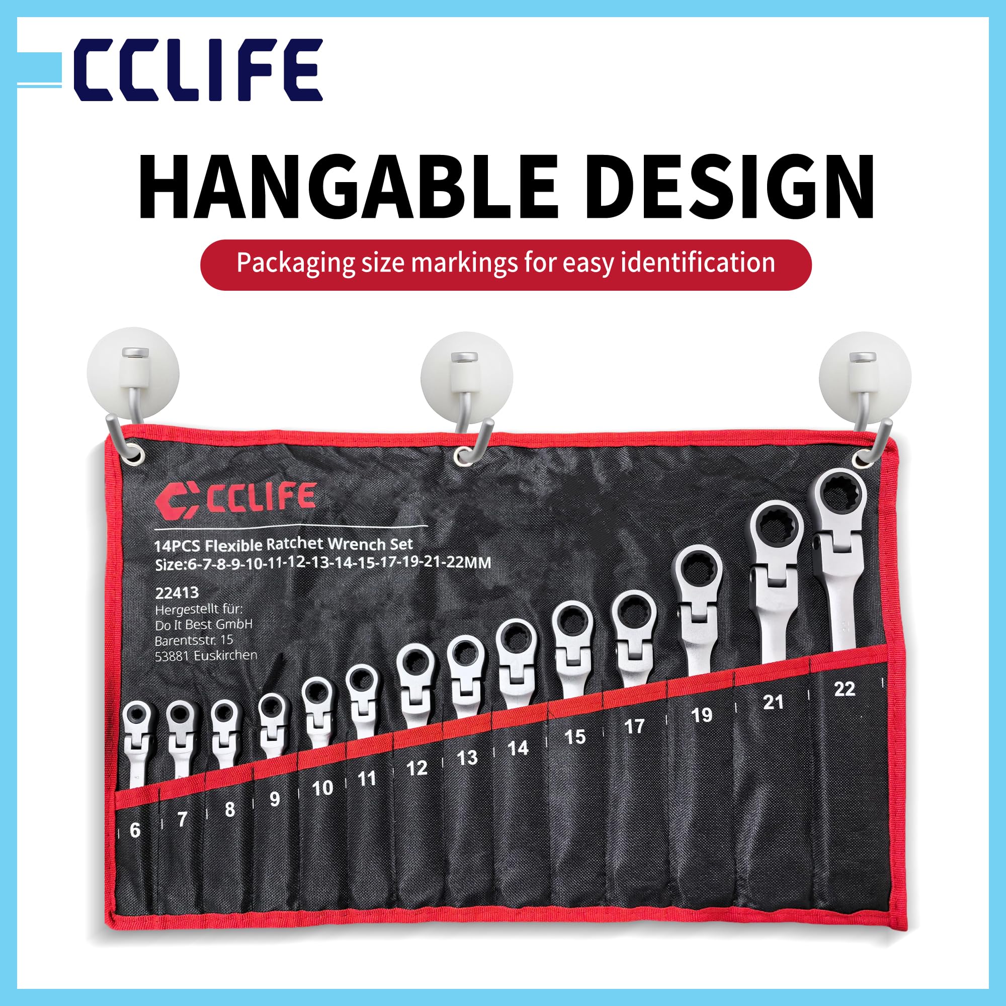 CCLIFE Set di 14 chiavi a cricchetto snodate, chiavi a cricchetto ad anello da 6-22 mm, Cr-V 72 denti, set di attrezzi per riparazione auto, flessibile a 180°, con custodia inclusa