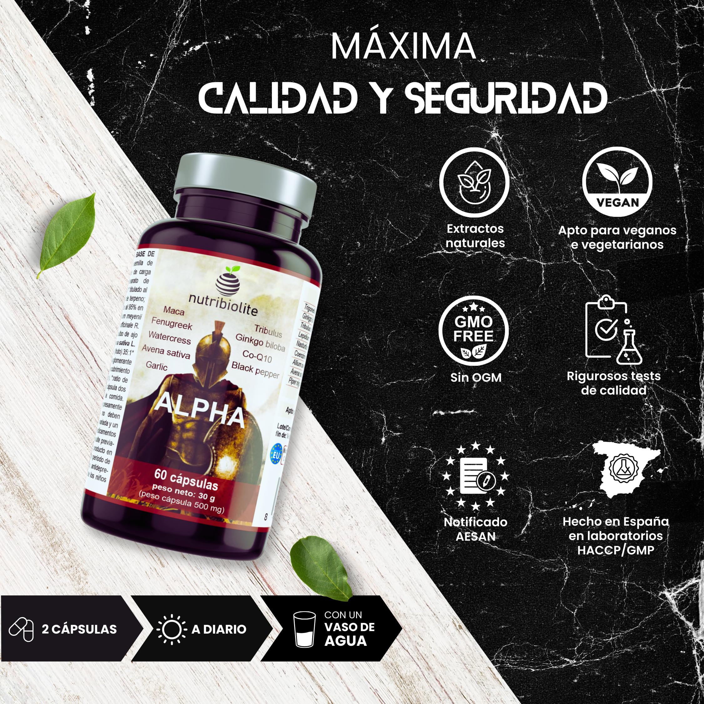 Complejo Altamente Concentrado con Maca, Tribulus, Fenogreco, Ginkgo, Co-Q10, Piperina. Fuerza + Resistencia + Energía. Pre-entreno. 60 capsulas veganas - ALPHA