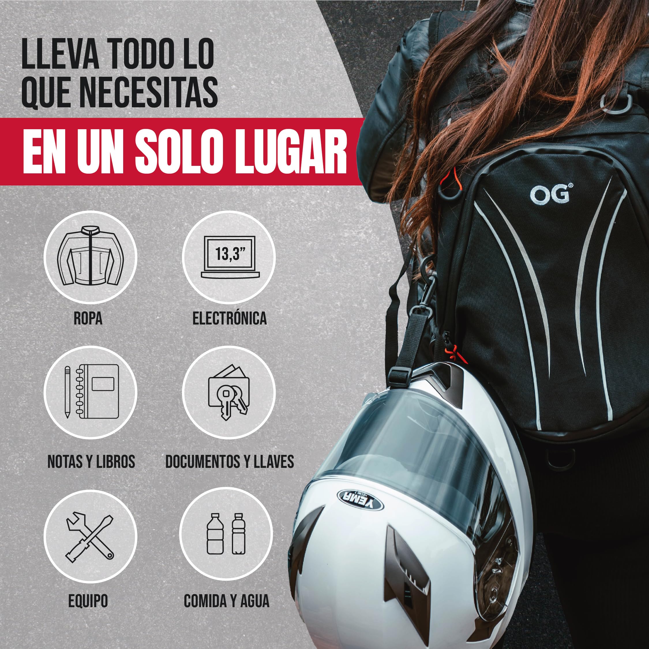 OG Online&Go Mochila Moto Negra Ligera 20L-30L, Bolsa Portacascos, Correa Casco Moto, Mochila Ciclismo, Antirrobo, Impermeable, Portátil, Reflectante