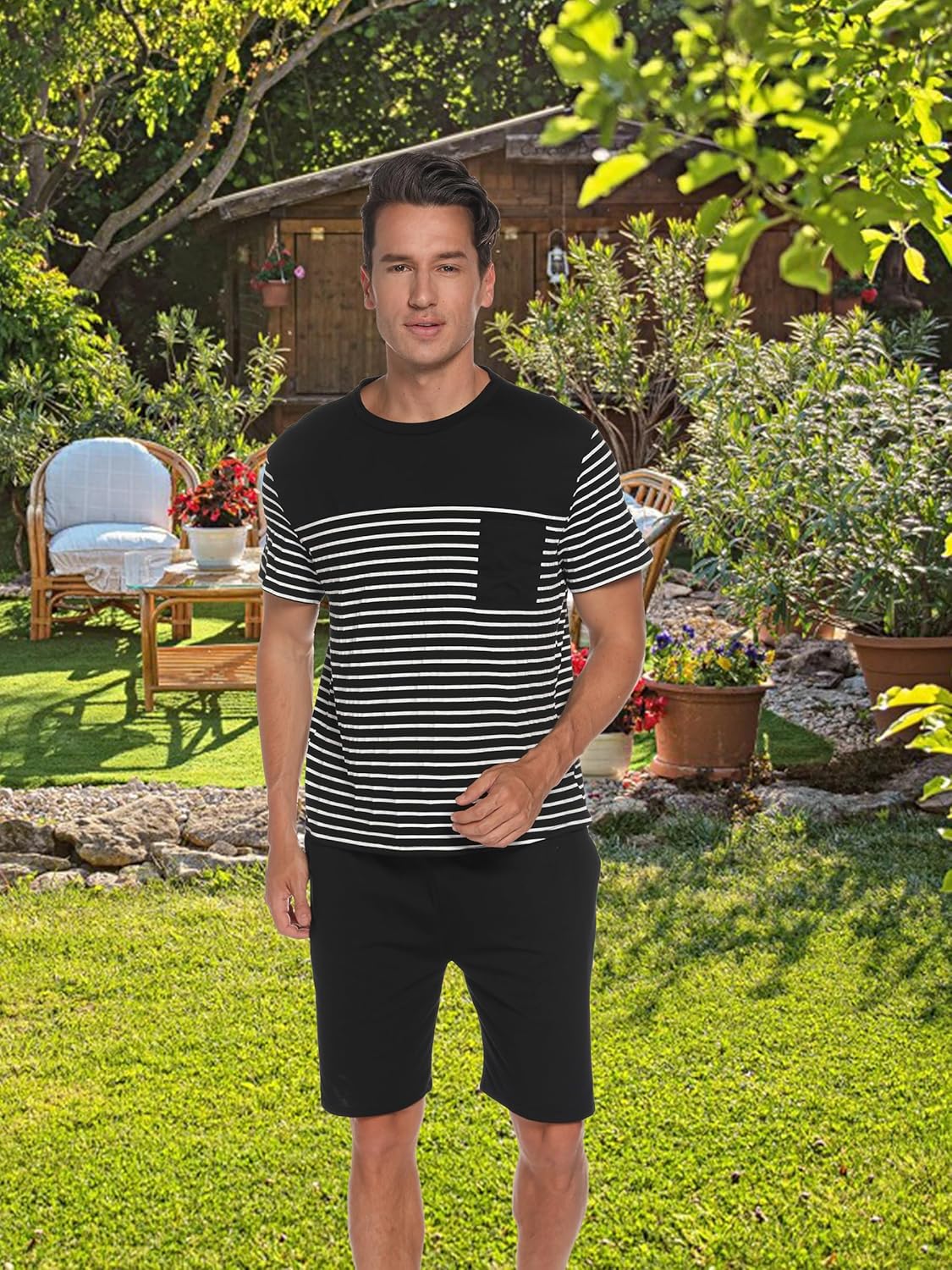 Men's Pajama Set Cotton Pajamas Striped Short Sleeve & Shorts Pjs Sets Sleepwear Summer Lounge Set with Pockets - Image 3