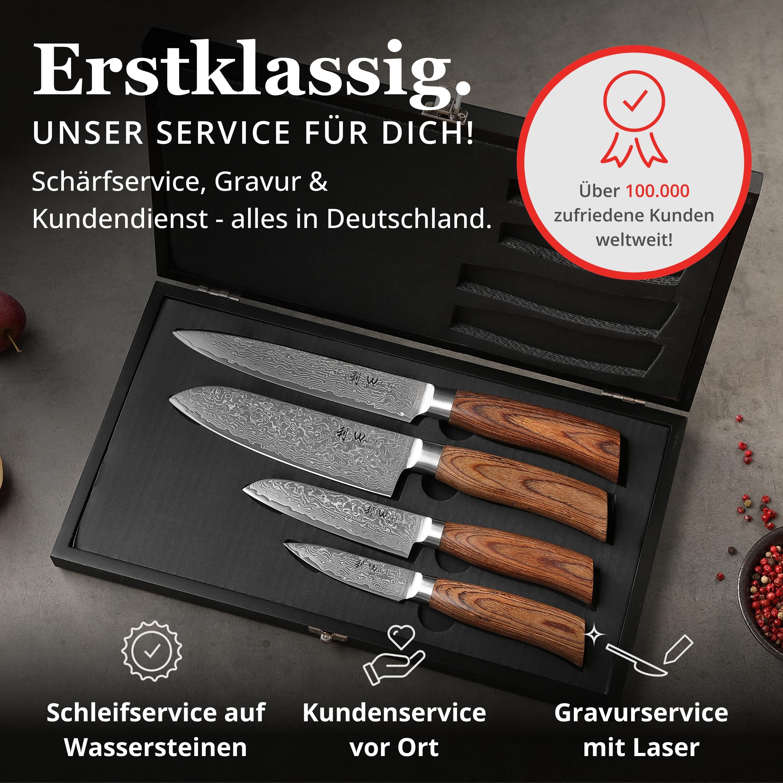 Wakoli EDIB Pro 4-teiliges Messerset aus 67 Lagen Damaststahl mit VG10 Kern | Fleischmesser, Santoku, kleines Santoku und Officemesser; Pakkaholzgriffe, Holzbox, 60 ± 2 HRC, für Fleisch, Fisch und Gemüse