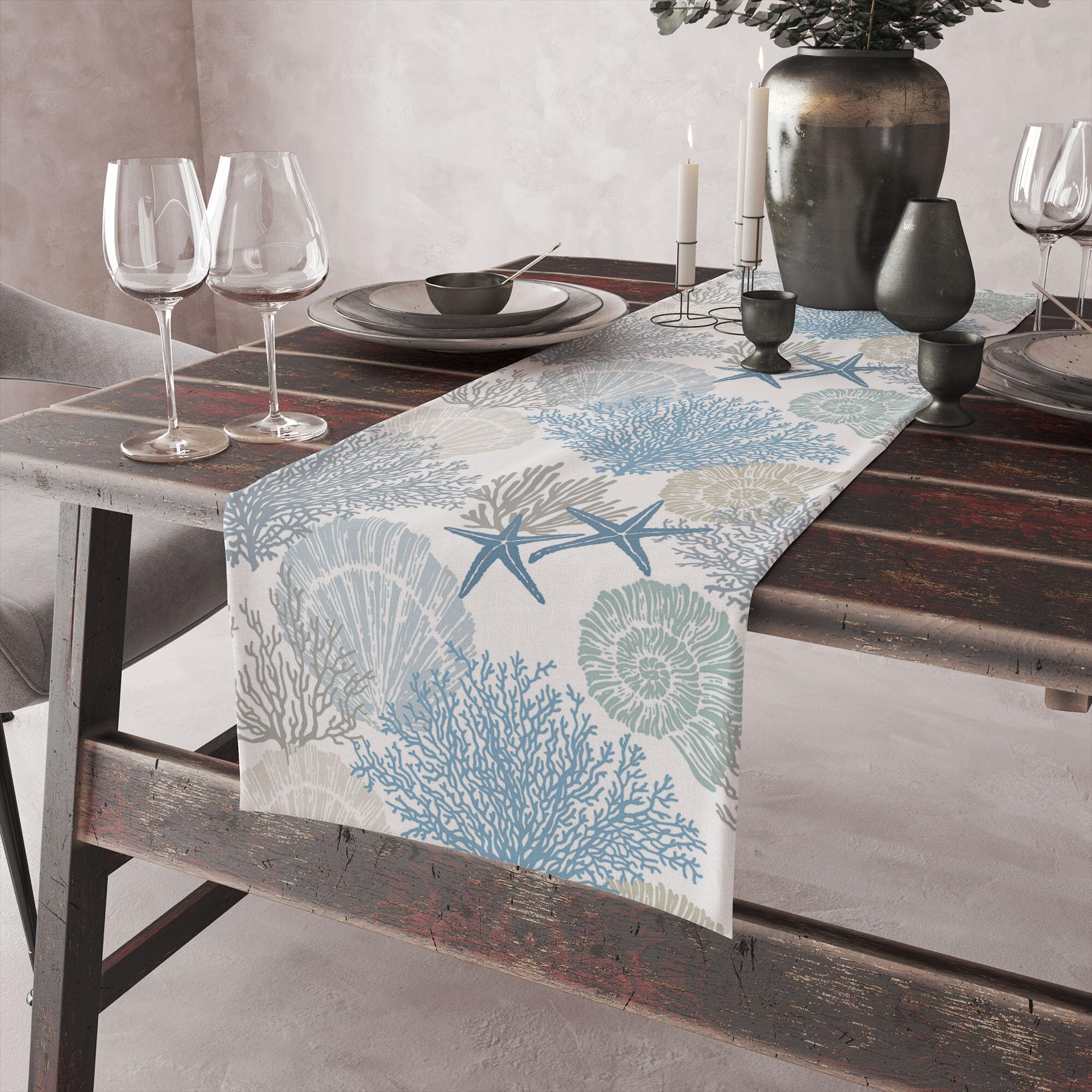 Coastal Beach Tablecloth,Sea Animals Starfish Summer Theme Nautical Sea Shells Satrfish Theam,Summer Ocean Home Decor for Table Dining Room Kitchen,Blue,13x108 inch