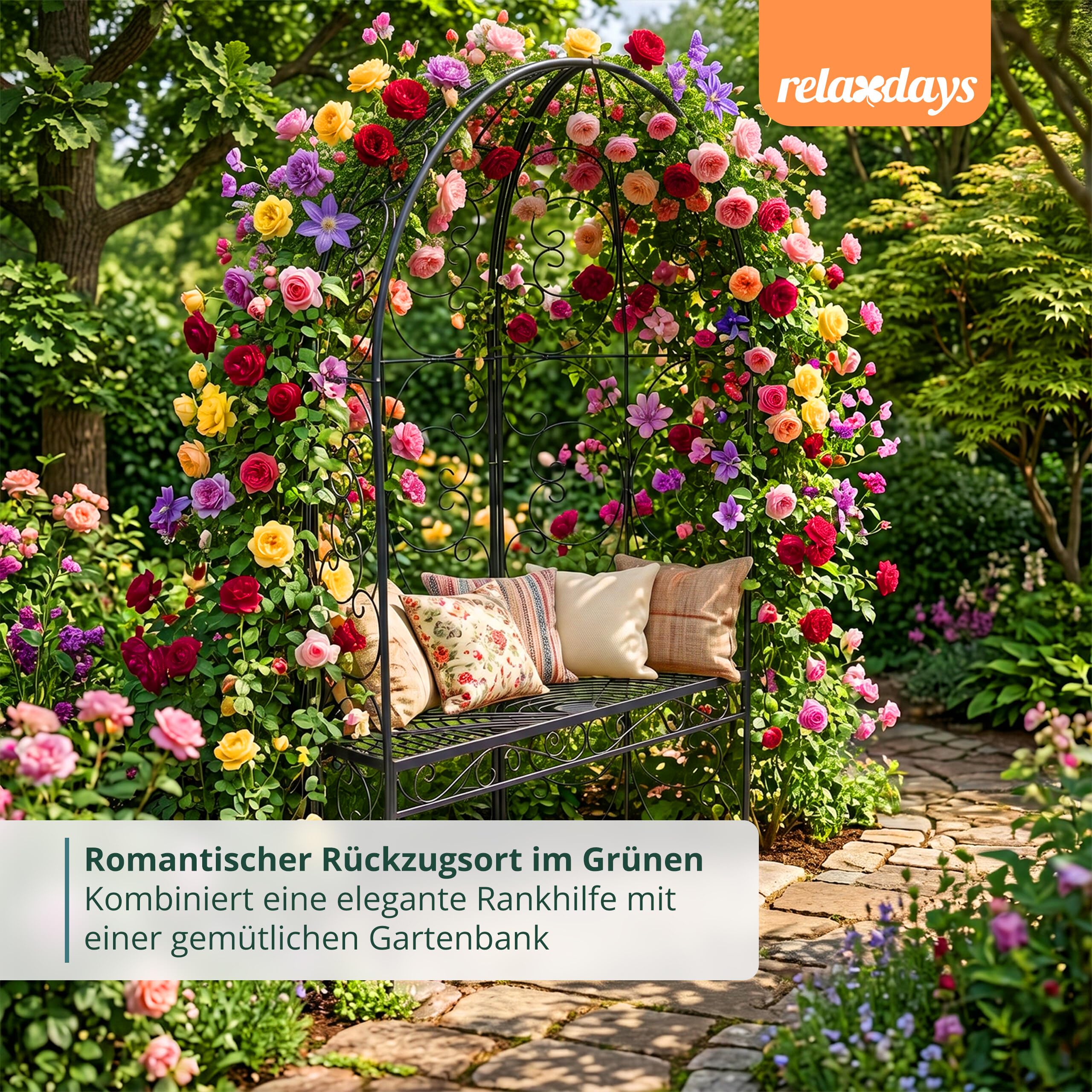 Relaxdays Gartenbank mit Rankpavillon, Laubenbank bis 240 kg, schwarz