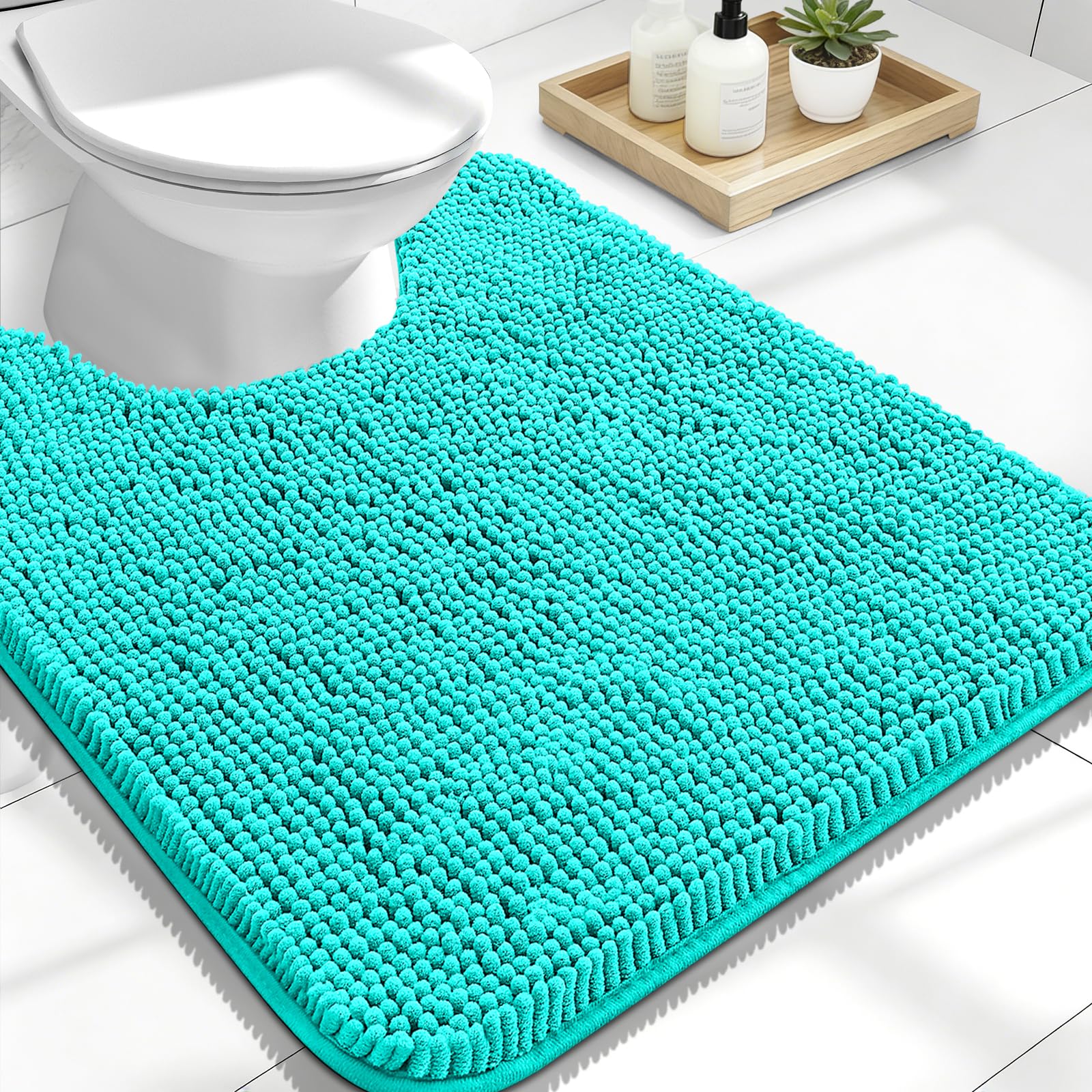 OLANLY Toilet Rugs U-Shaped 24x20, Soft Absorbent Chenille Contour Rugs | Teal, Quick-Drying Rubber Backing, Machine Washable Non-Slip Shaggy Bathroom Mat for Toilet, Home Decor Accessories