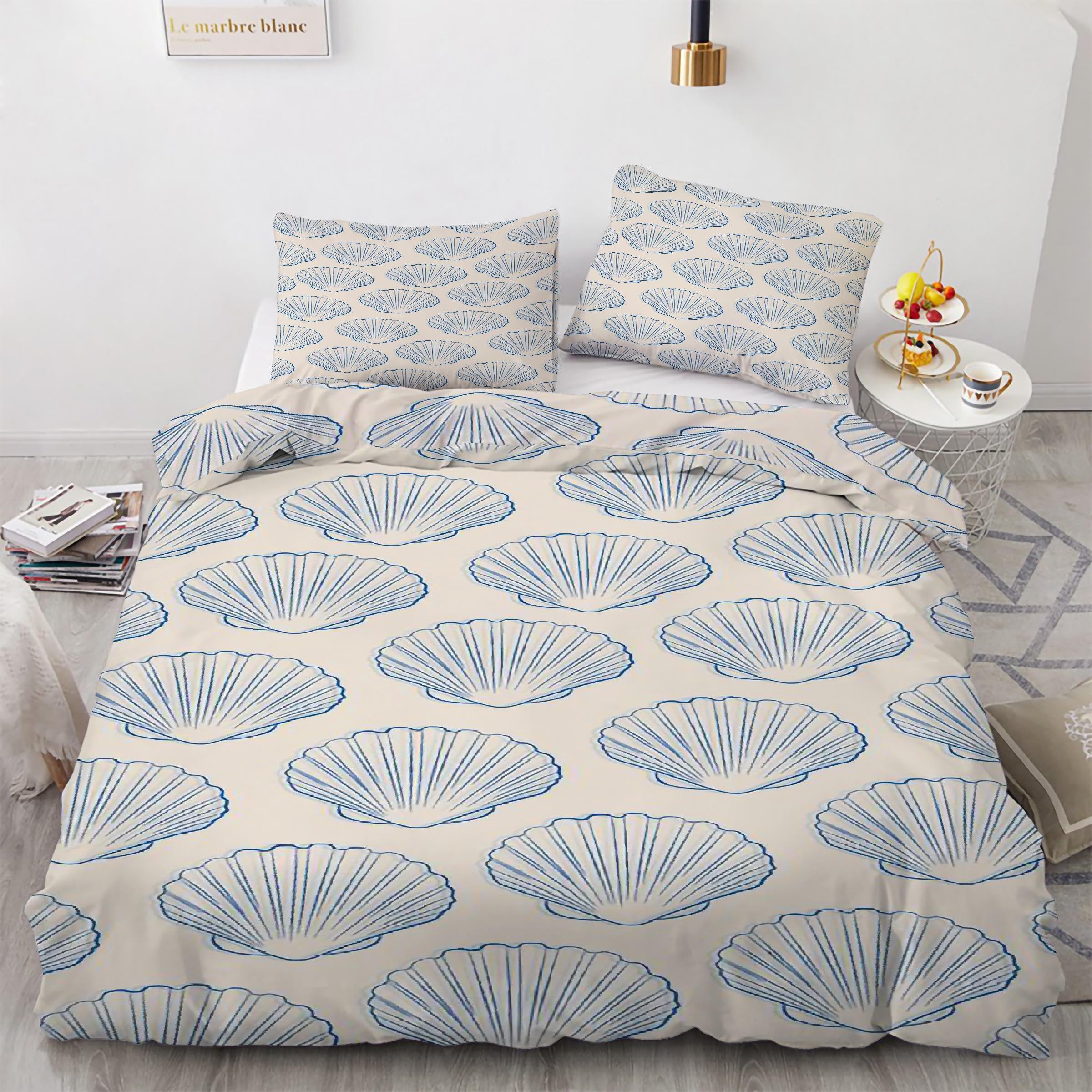Housse de Couette 240 x 260 Bleu avec motif coquille et deux taies d'oreiller pour lit double