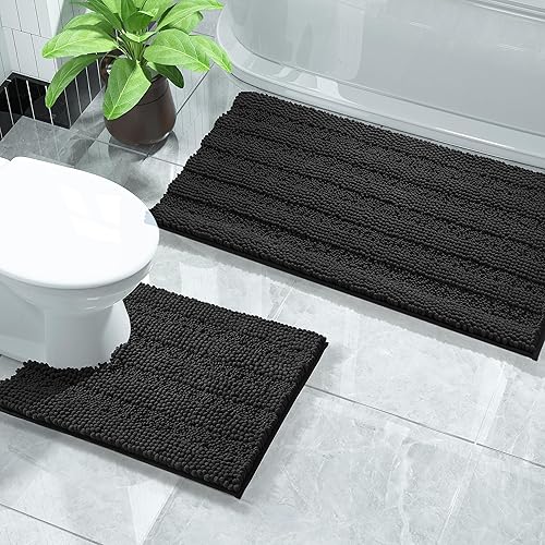 Yimobra Luxury Chenille Bathroom Rugs Sets 2 Piece, Extra Thick Non Slip Quick Dry U Shaped Toilet Bath Mat, Fluffy Shaggy Microfiber Absorbent