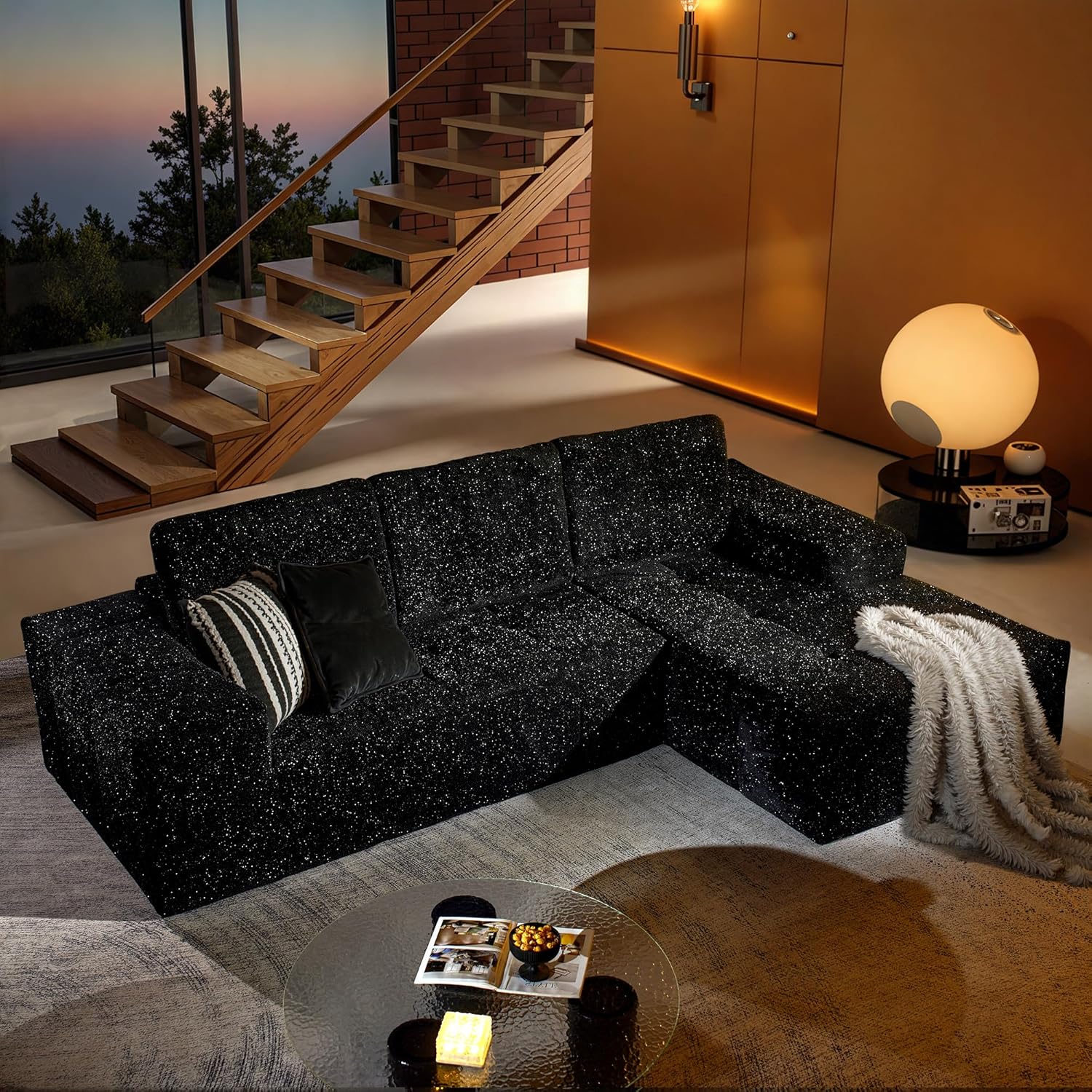 114 in Modular Sectional Sofa Plush Fabric with Silver Luminous，Boneless L-Shaped Couch with Chaise for Living Room with Deep Seat No Assembly Required Sofa (Blue, Right Chaise)