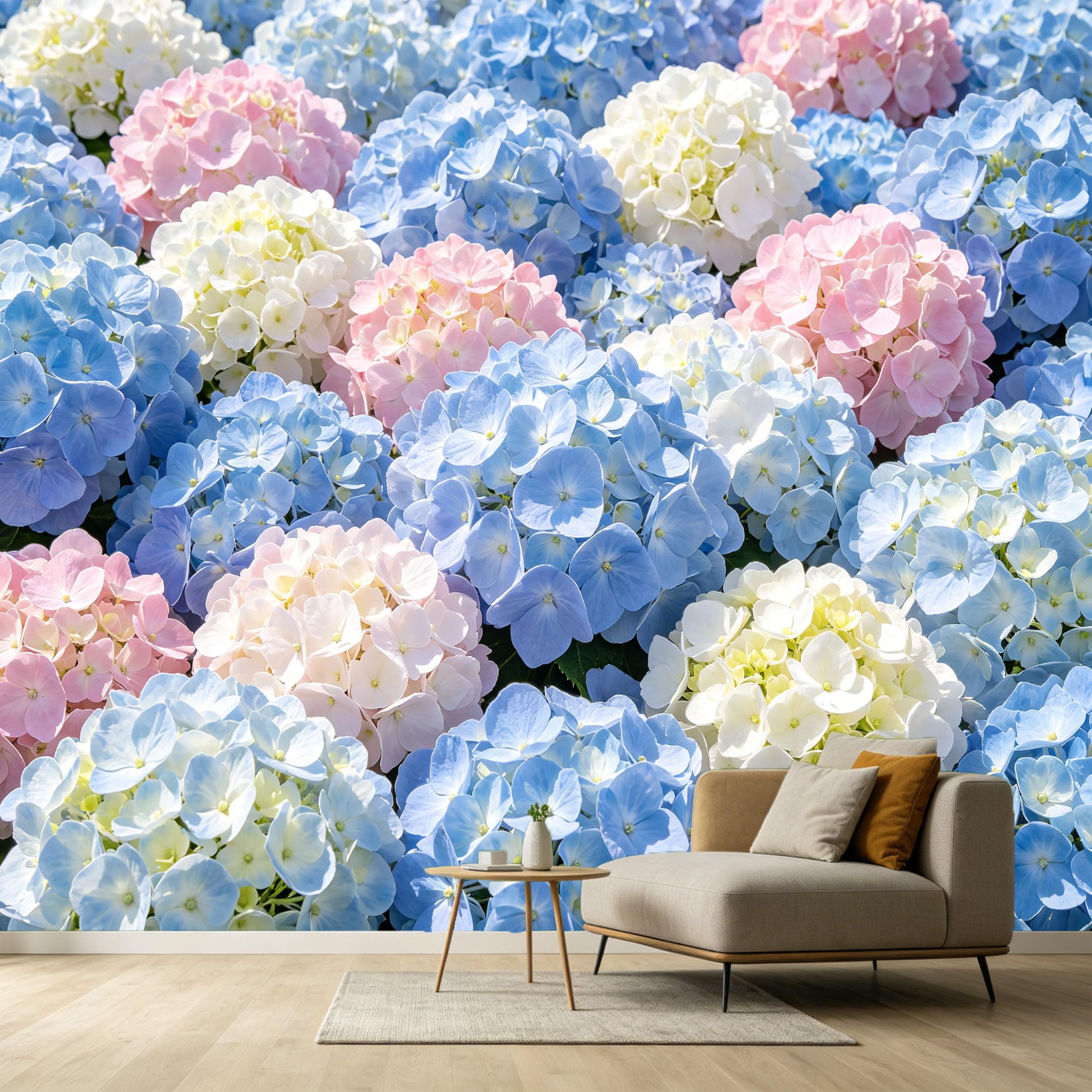 Custom Size Wall Murals Botanical Hydrangea Flower Watercolor Painting Pastel Blue Pink White Floral SelfAdhesive Wall Fabric Removable Large Wallpaper for Photo Living Room