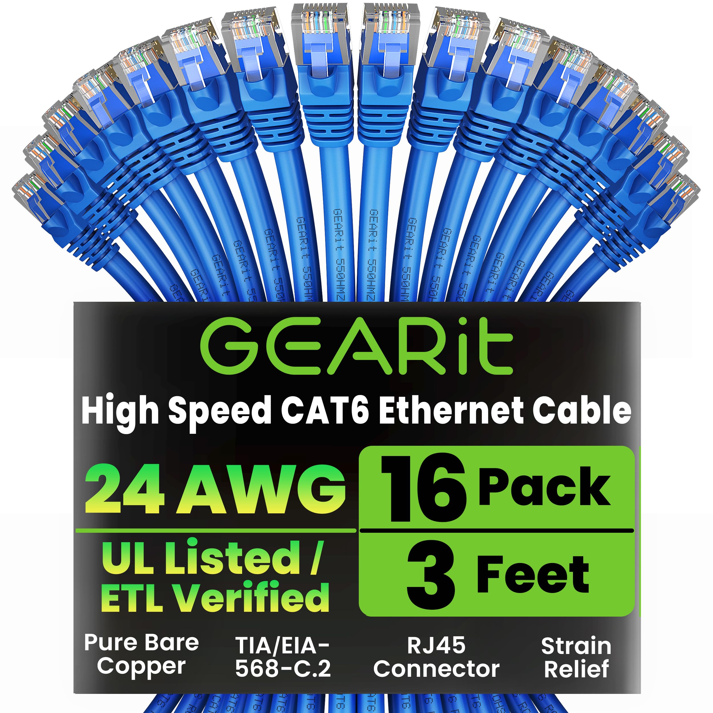 GEARit Cat 6 Ethernet Cable (10-Pack 3 Feet) Cat6 Network Patch, 10Gbps, RJ45, Snagless Cord, Gold-Plated Connectors, Internet for PC, TV, Tablet, Router, Printer, Servers, IT Data Center - Blue — view 35