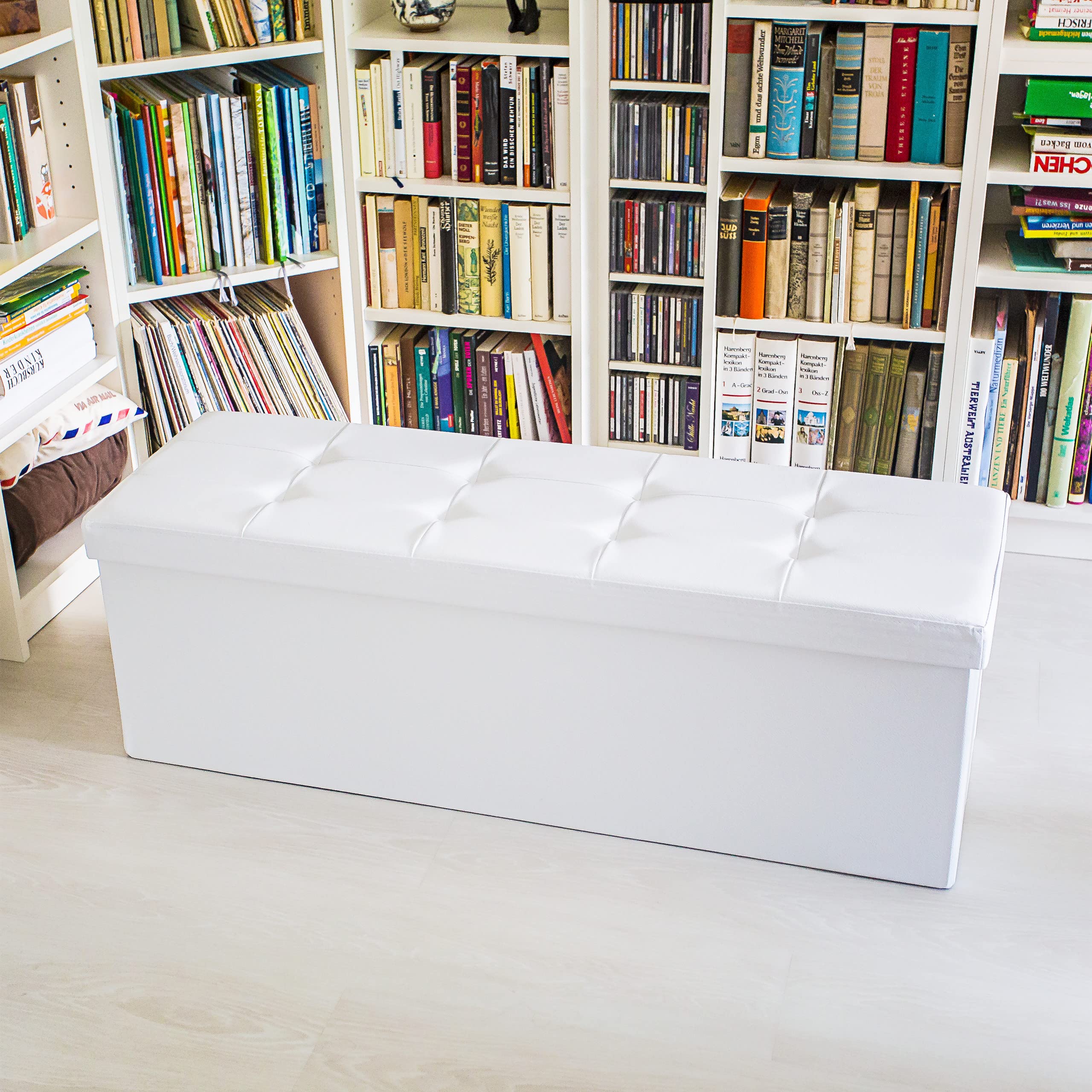 Relaxdays Cassapanca Pieghevole, Sgabello Pouf, Cassa Panca, con Coperchio, HxLxP: 38 x 114 x 38 cm, Baule, Bianco