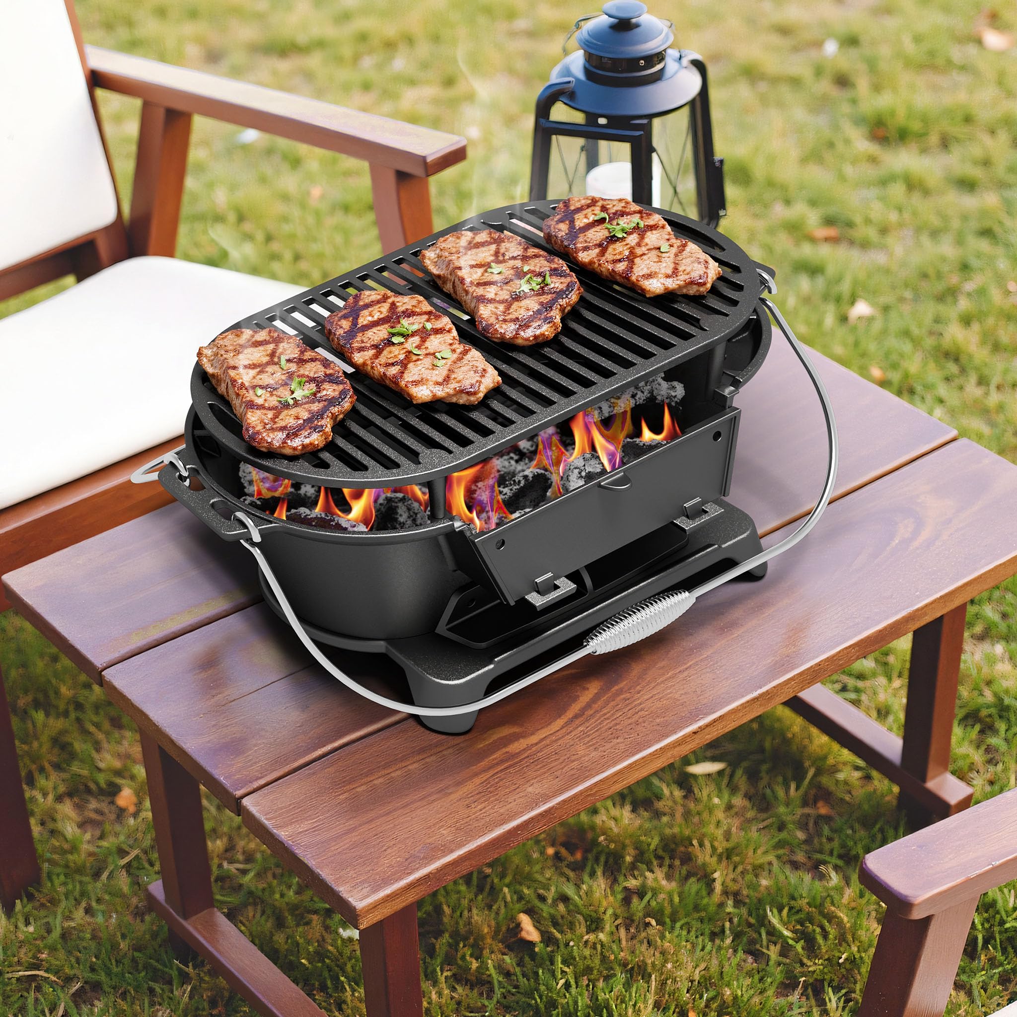 Wiltec Przenośny grill żeliwny o wymiarach 500 x 270 x 210 mm, z uchwytami i płytą do grillowania, miska na węgiel z otworem wentylacyjnym