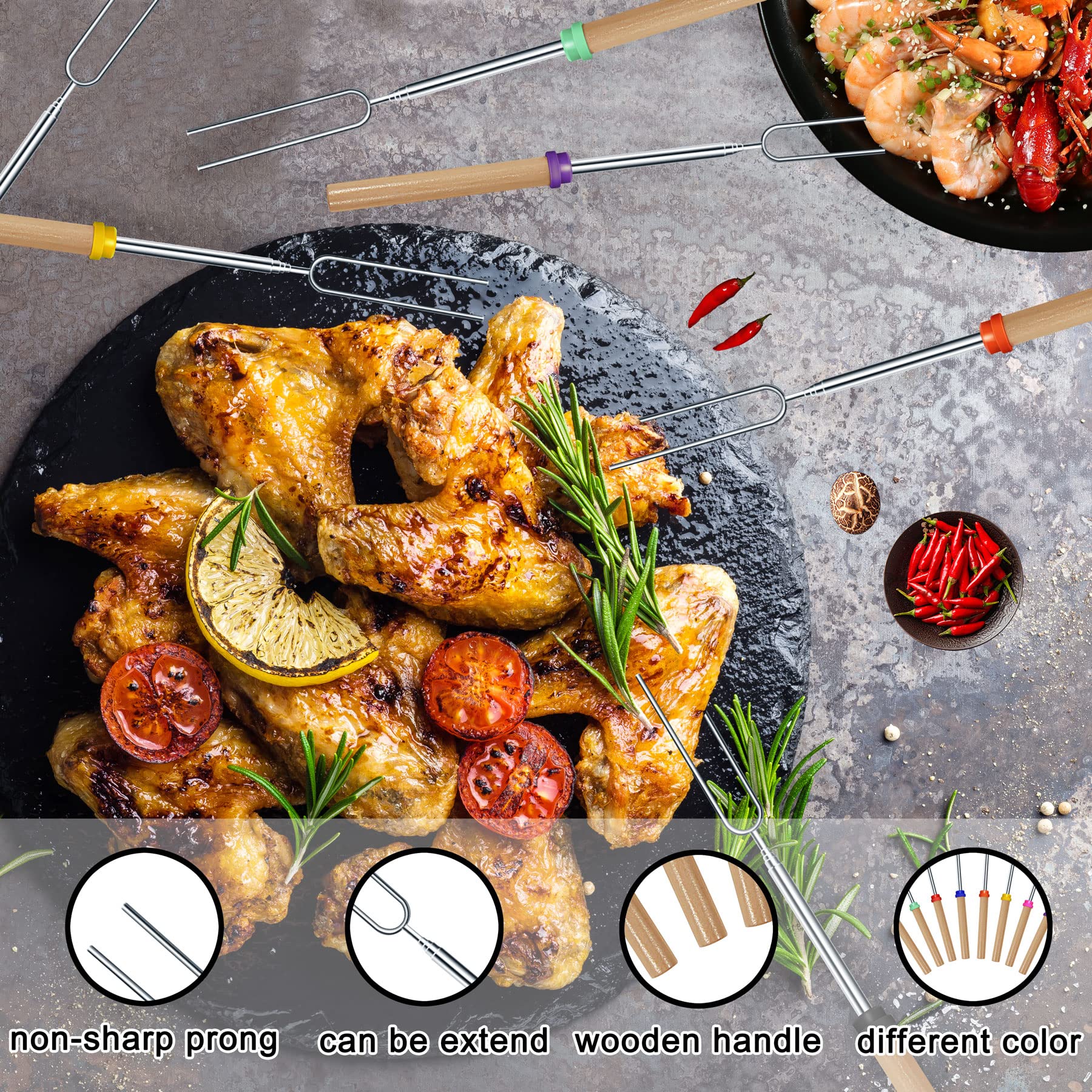 Pinchos Telescópicos Para Barbacoa - Pack De 8 Unidades, Acero Inoxidable, Mango De Madera, Ideales Para Malvaviscos Y Brochetas
