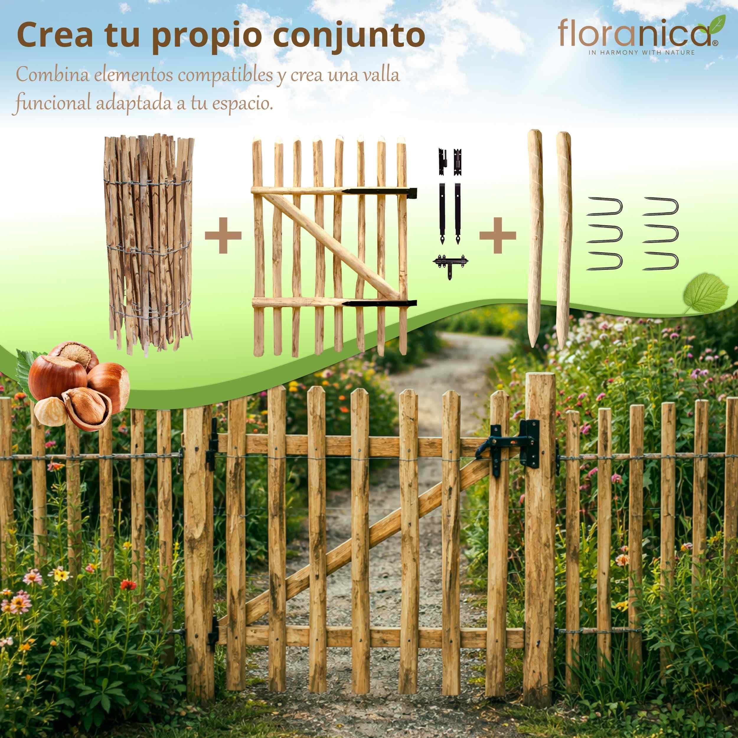 Floranica Puerta de jardín de madera de avellano para valla de estacas Altura 115 cm x 100 cm 1 hoja – lista para instalar incl. bisagras