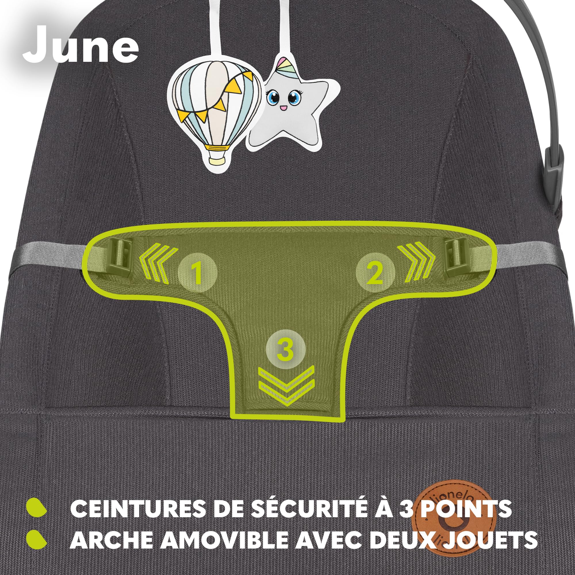 LIONELO June Air transat bébé dès les premiers jours de vie jusqu'à 9 kg, matière aérée, circulation d'air parfaite, léger, stable, antidérapant, bascule pour bébé pliable (Gris Graphite) (Stone)