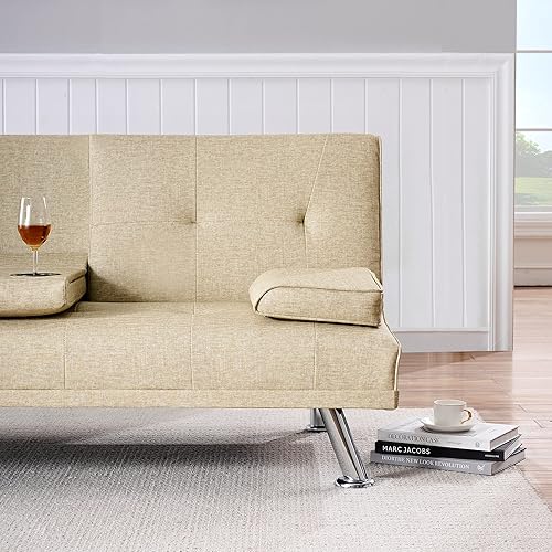 Miniatura 7 de Tiophome Sofá multifuncional de 67 pulgadas, 2 portavasos de cuero con reposabrazos extraíbles, cama plegable convertible para espacios pequeños,