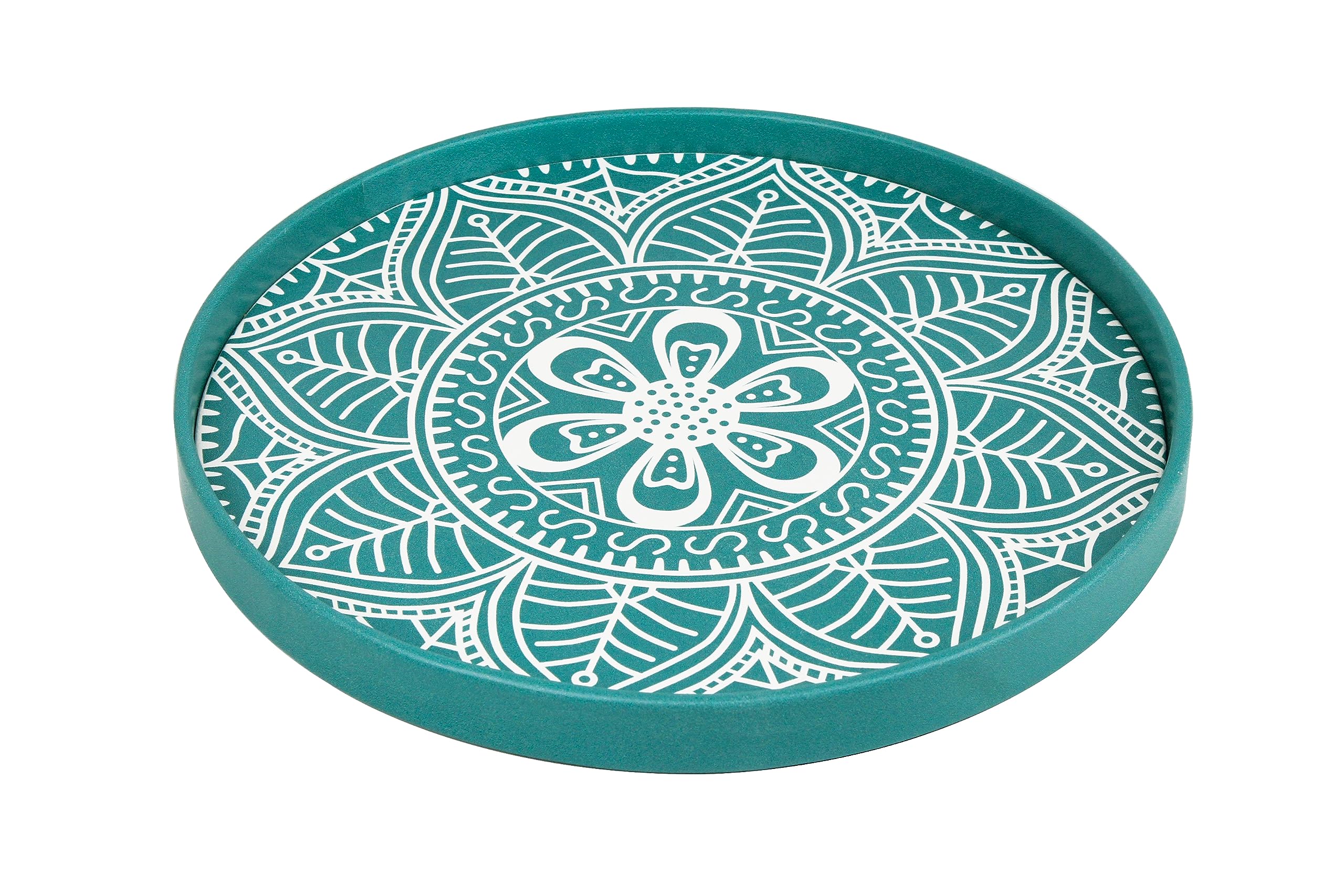 Round Serving Tray - Decorative Tray for Coffee Breakfast Table Centerpieces Living Room Boho Decor Countertop Modern Home Decorations Faux Leather Ottoman Tray Teal Blue