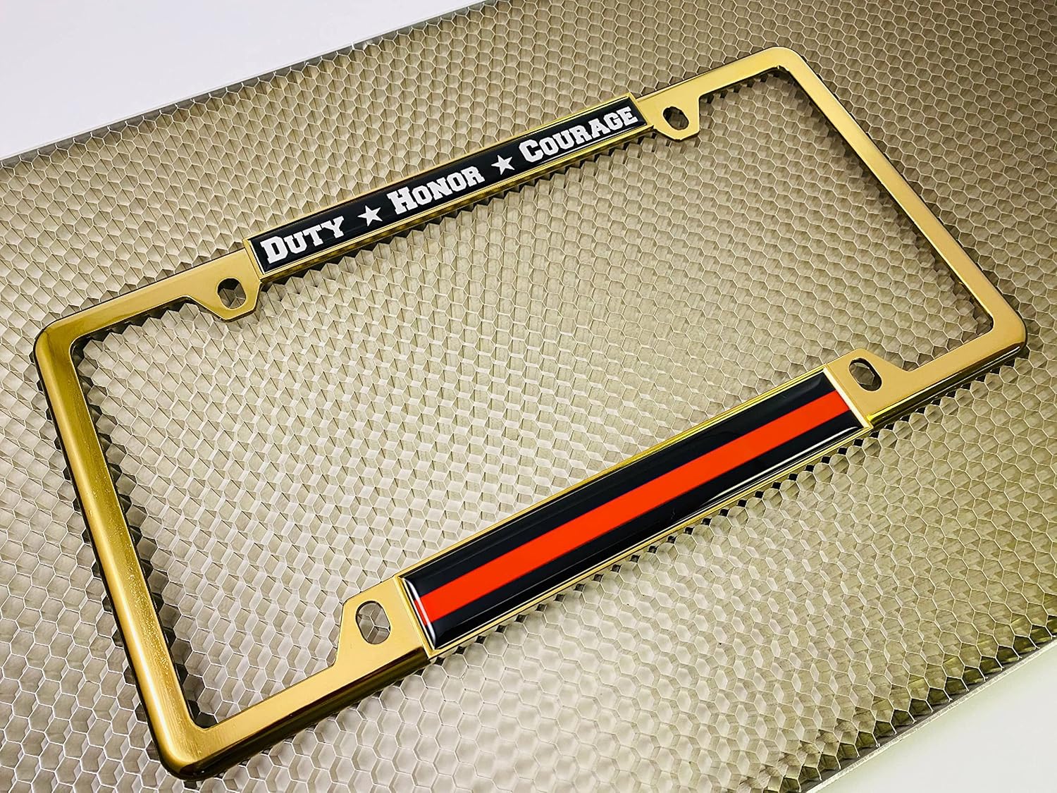 Support Firefighters Duty Honor Courage Thin Red Line (Stripe) - Domed Custom-Made Personalized Narrow (Thin) Top 4 Hole Metal Car License Plate Frame with Free caps - Gold (Quantity: 1 Frame)
