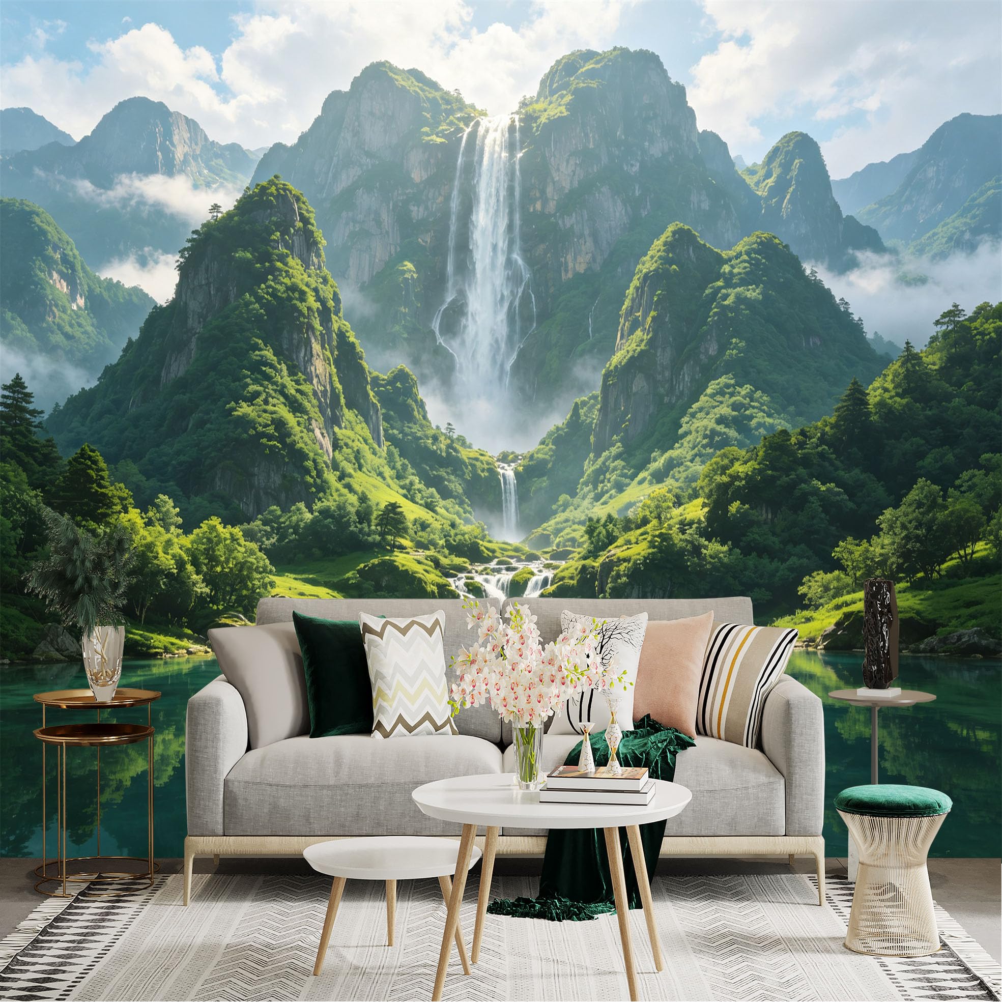 Custom Size Wall Sticker Mural， Majestic Waterfall， Green Lush Mountains， Serene Blue Lake， Natural Scenery， for wall Decoration， peelandstick wall Decals.