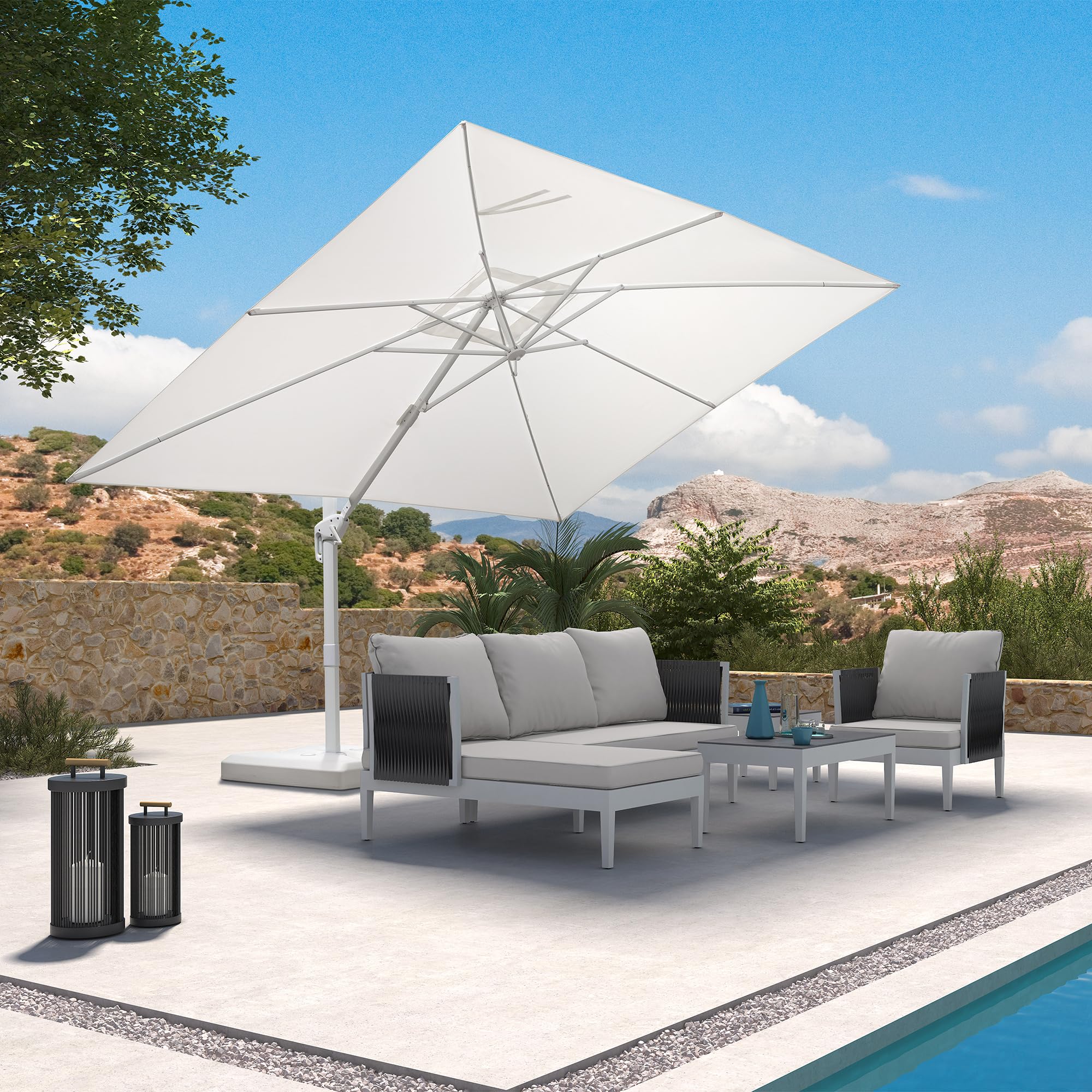 PURPLE LEAF Patio Cantilever Umbrella 9' X 11.5' Aluminum Frame, White