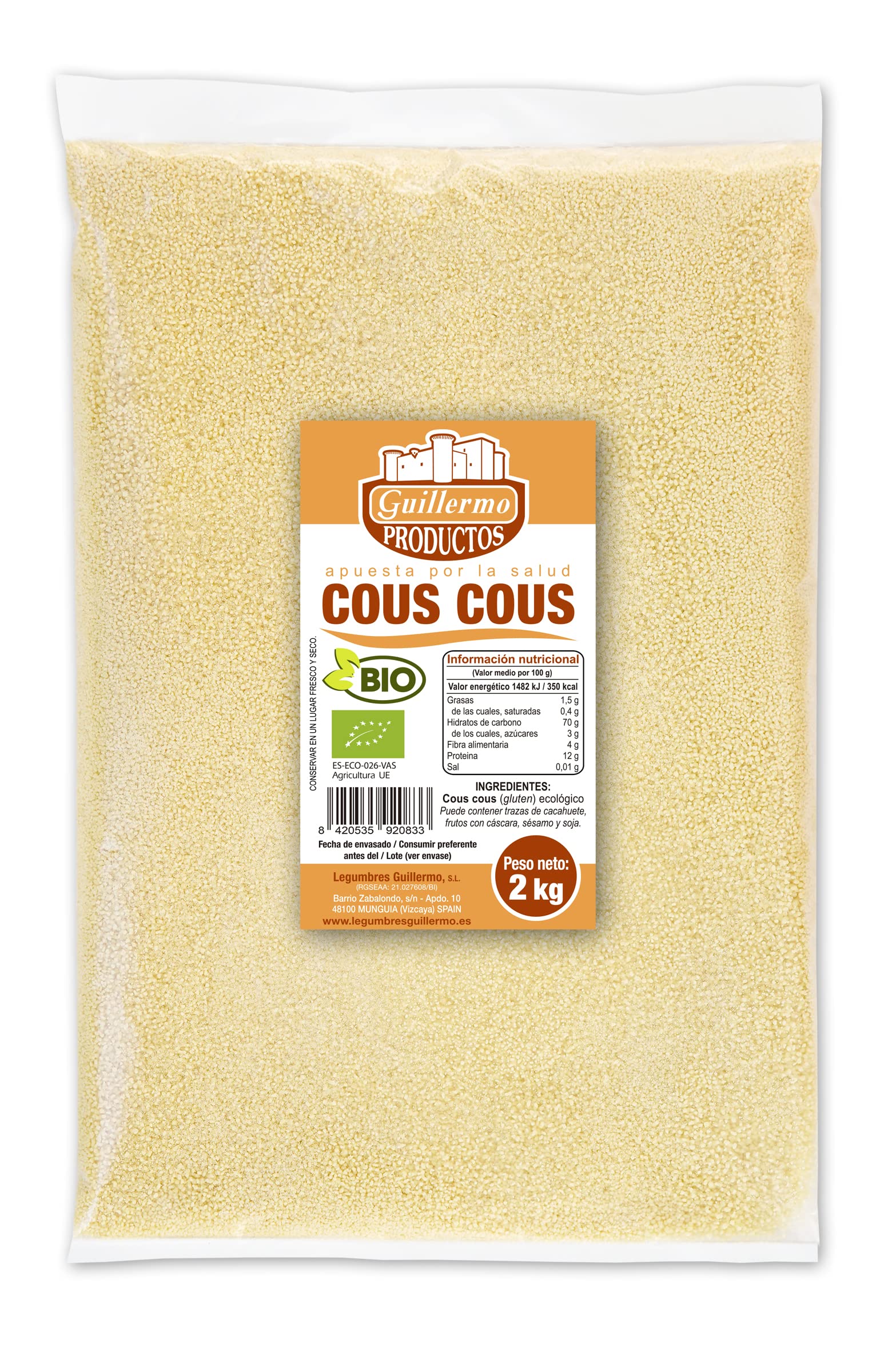 Guillermo | Cuscús BIO - Bolsa 2kg. | 100% ecológico | Cous cous | Ayuda a reparar y fortalecer la musculatura | Rico en fibra