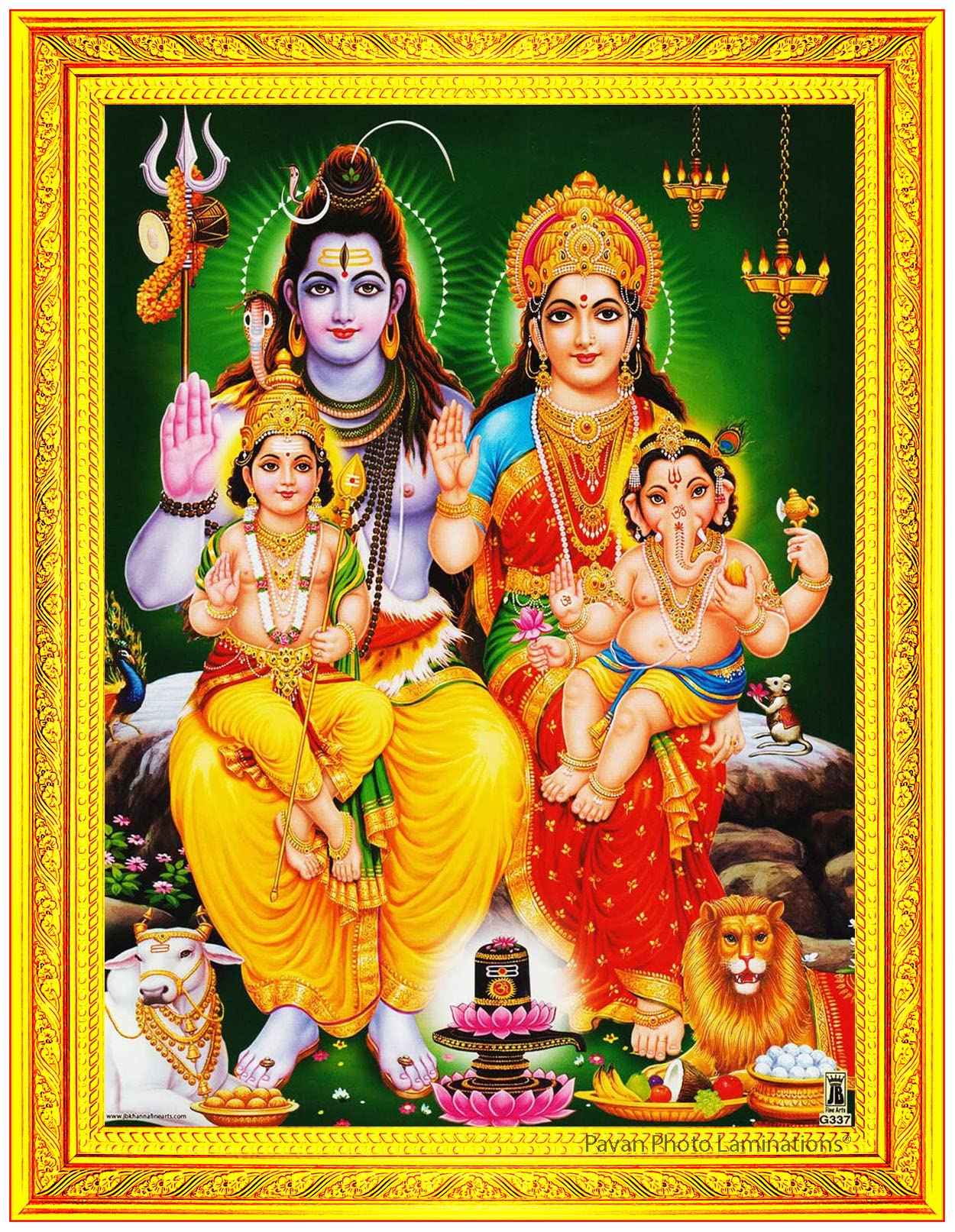 Pavan Photo Laminations Shiv Parivar Family Siva Parvati Lord Shiva Wall Painting Framed Home Decor (Wood,Matte,Gold,Big Size,10 x 12 Inch) R145M