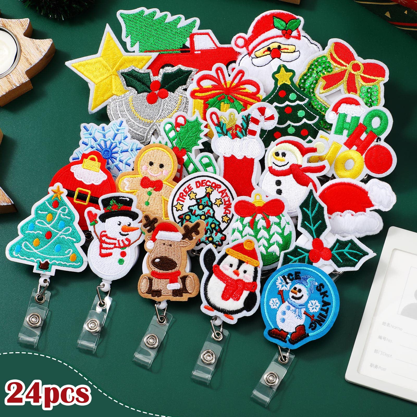 Woanger 24-Pack Christmas Badge Reels - Felt Retractable ID Holders With Alligator Clip, Santa, Reindeer & Snowman Designs - View #6