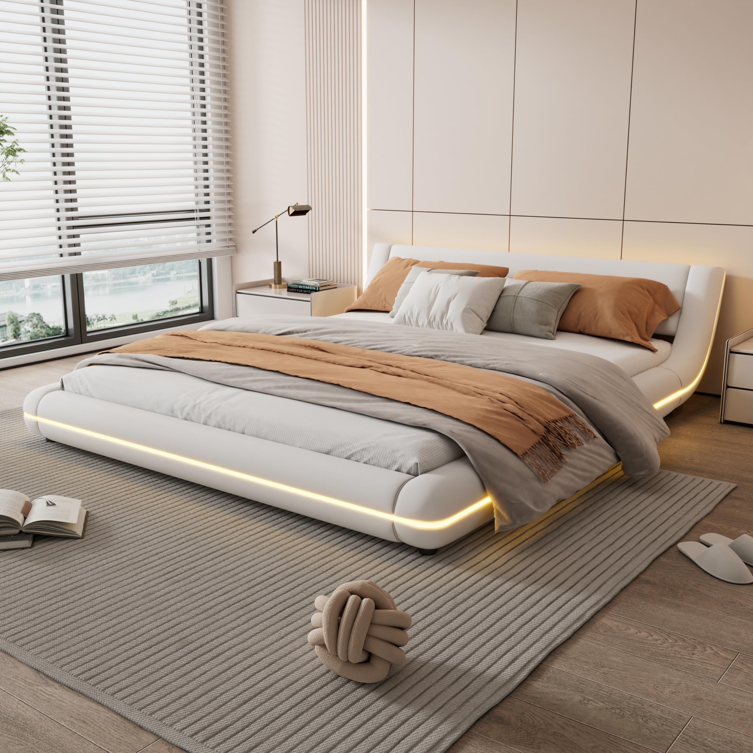 Rtopsu Letto Imbottito Letto Matrimoniale 160x200 cm, Letti con Illuminazione a LED, Letti da Terra Moderno con Rete in Metallo e Rete a Doghe in Legno, PU, Bianco, Senza Materasso