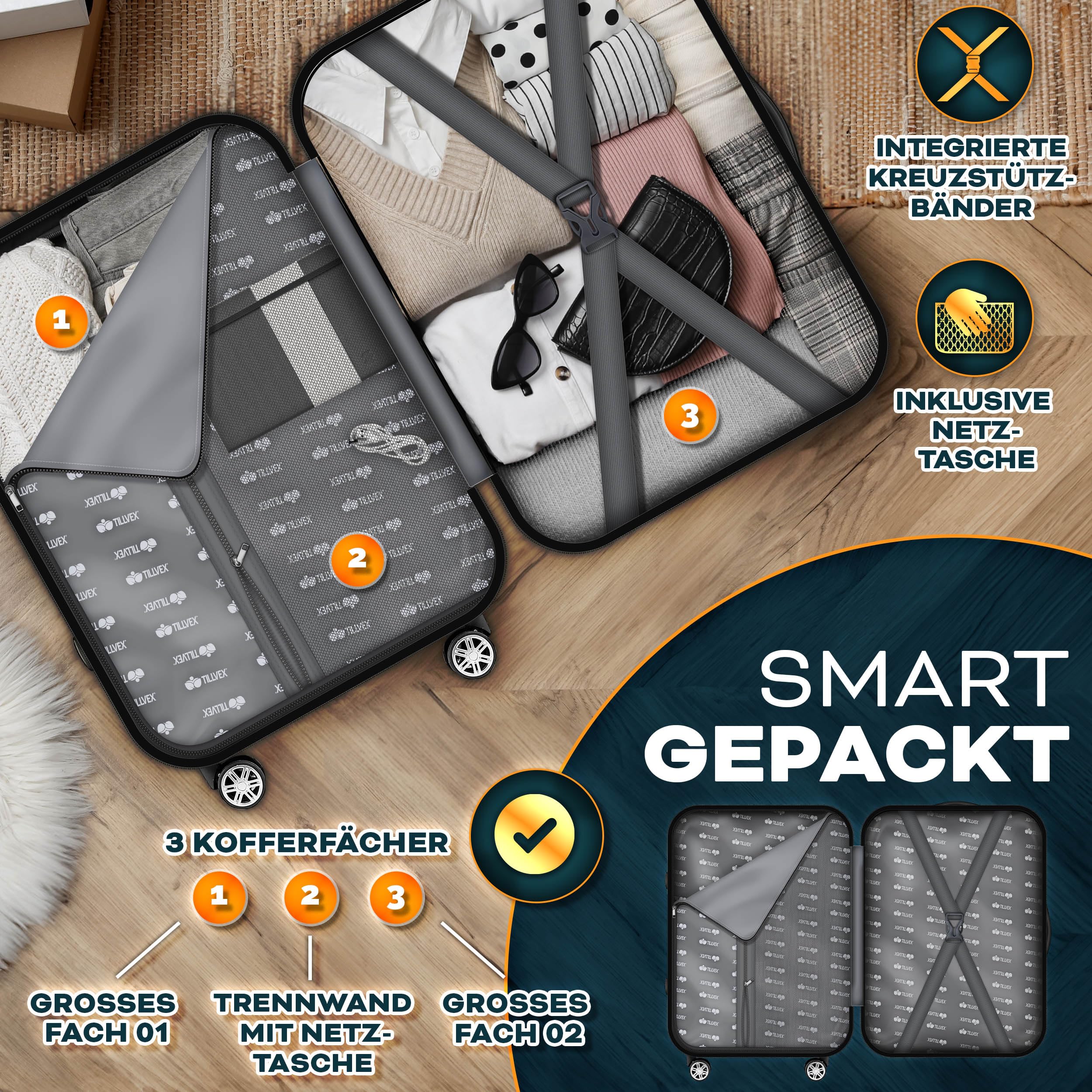 tillvex® Reisekoffer Set 4-teilig + Gepäckwaage, 4X Koffergurte & 4X Kofferanhänger | Kofferset 4 Rollen | Trolley Gepäck Koffer TSA Schloss | Hartschalenkofferset S-M-L-XL