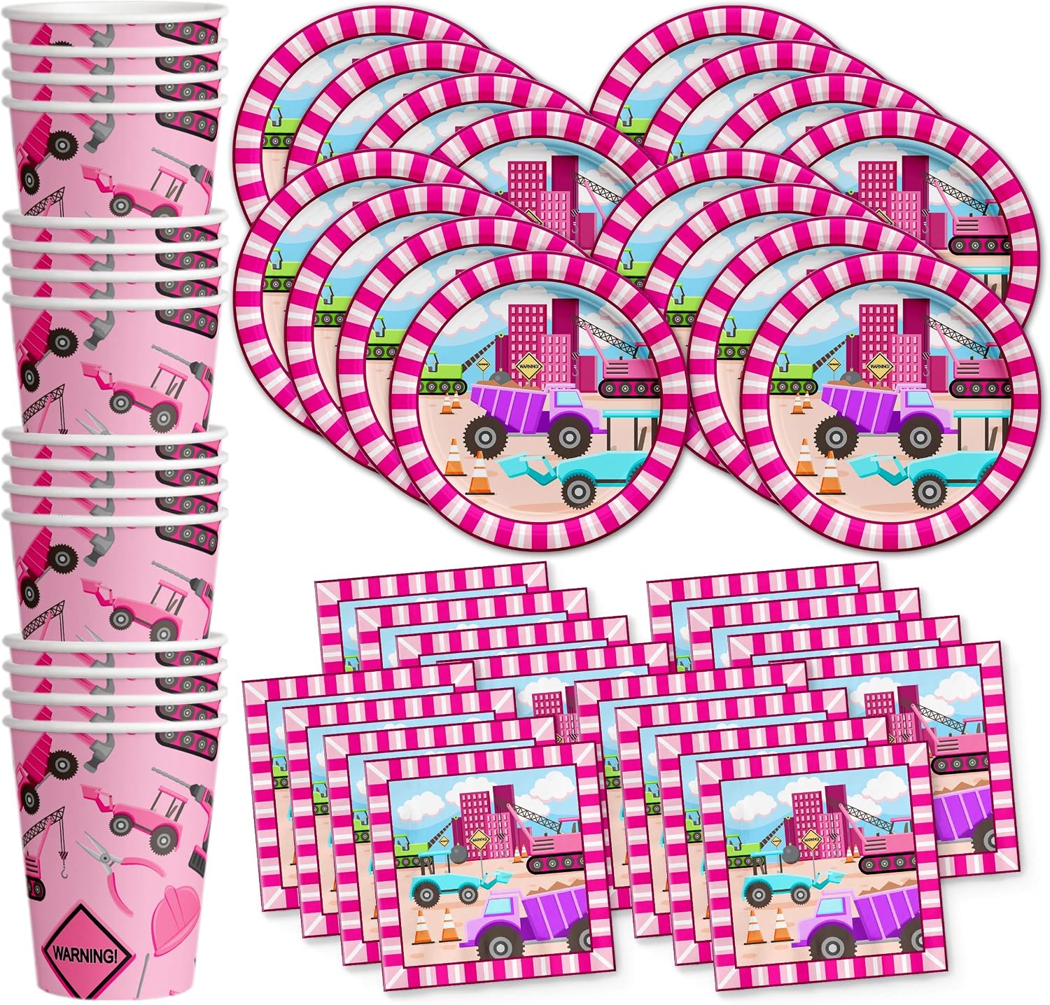 Girl Pink Construction Trucks Birthday Party Supplies Set Plates Napkins Cups Tableware Kit for 16