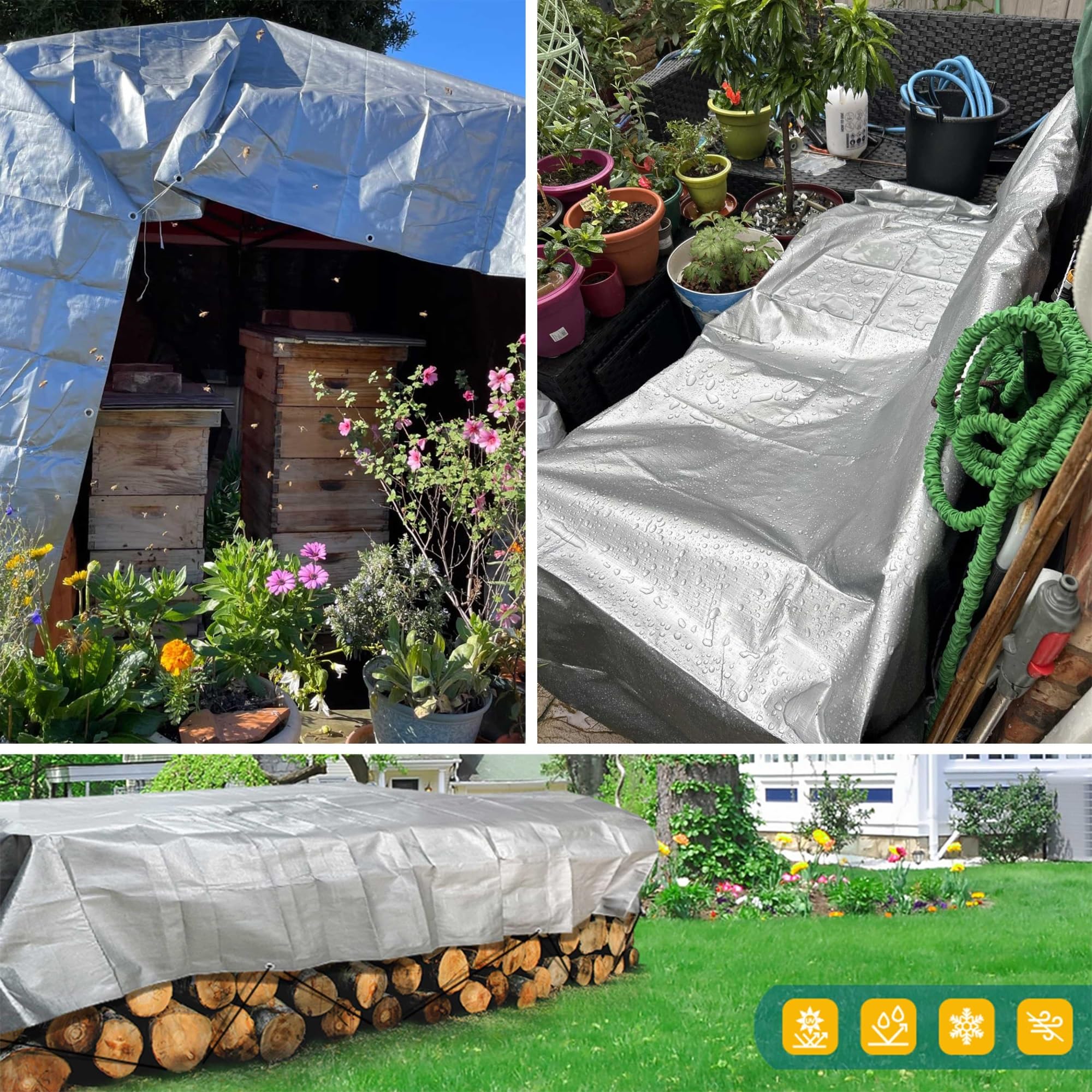 Bâche imperméable 200g/m² PE 7x7m et résistante en polyéthylène pour extérieur,résistante au Gel et aux UV,pour Jardin,tonnelle,Camping,Meubles,abri de Jardin argenté Vert
