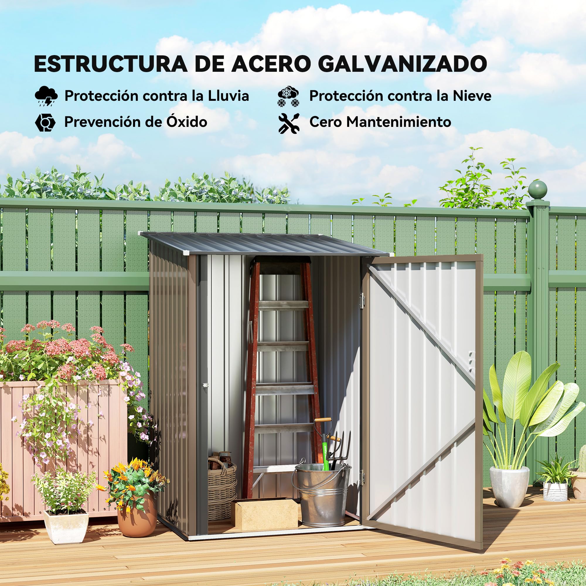 Outsunny Cobertizo de Jardín Exterior 0,92 m² 100x103x160 cm Caseta de Jardín Exterior Metálica con 1 Puerta y Cerradura para Almacenamiento de Herramientas para Patio Terraza Marrón — view 3