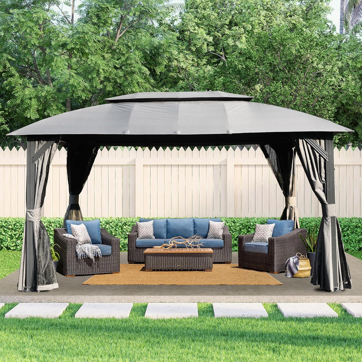 10×14 Gazebo with Netting and Curtains, Outdoor Gazebo with Galvanized Steel Frame, Heavy Duty Soft Top Gazebo with Double Roof, Metal Canopy Gazebo for Patio, Deck, Backyard, Porch