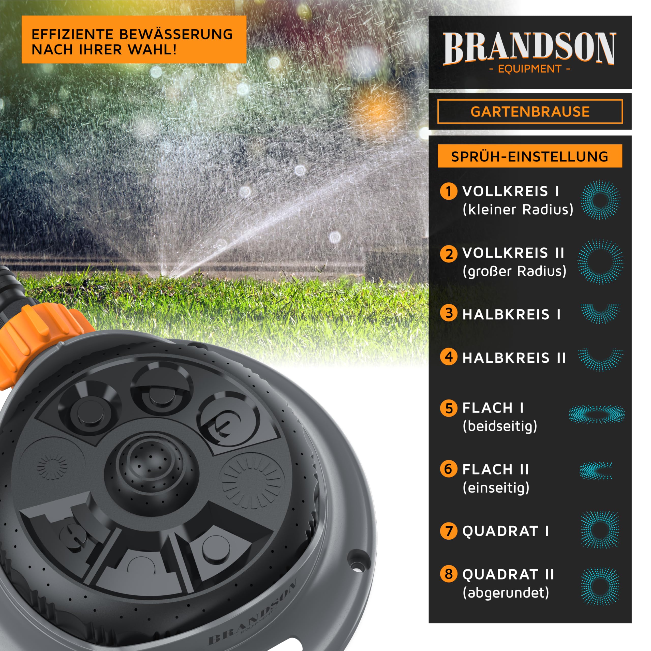 Brandson - Rasensprenger 3/4 Zoll - Rasensprinkler Flächenregner - Garten Sprinkler - 8 verstellbare Sprühformen - 110 m² Beregnungsfläche – Viereckregner - Schnellkupplungsadapter