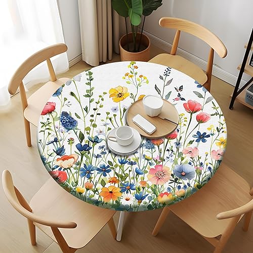 Vista 37 de Pardick Mantel redondo ajustable con diseño de flores de arte en acuarela con mantel elástico, mantel elástico redondo, impermeable, lavable, se
