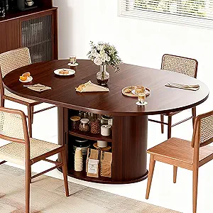 Extendable Round Dining Table for 2-6 People, 63 Inch Walnut Finish with Storage Shelf