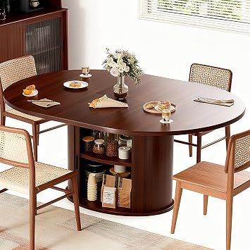 Wildhome Extendable Round Dining Table for 2-4-6, 63 Inch Dining Room Kitchen Table with 2-Tier Storage Shelf, Modern Farmhouse Fluted Wood Slide Door Dinner Furniture,Oval Circle Walnut-63 Inch