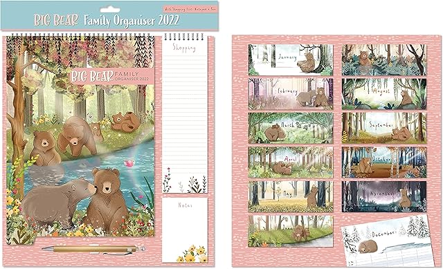 2022 Family Organiser Wall Calendar Planner Spiral bound with Shopping list, Notepad and Pen Five Column Monthly Organizer- Bears