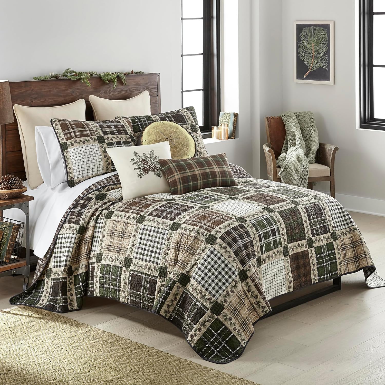Donna Sharp Queen Bedding Set - 3 Piece - Pine Patch Cotton Patchwork Quilt and Two Standard Size Pillow Shams - Machine Washable - Perfect for Rustic Decor!