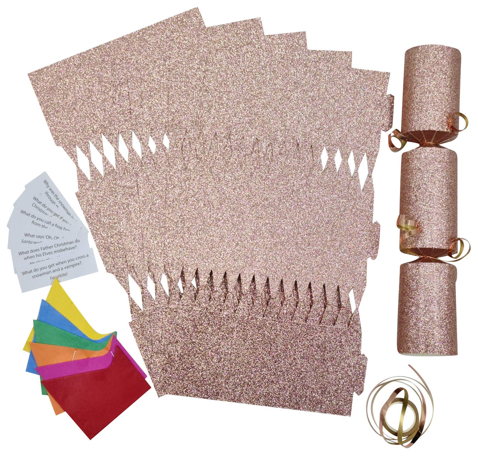 evelay Make Your Own Christmas Cracker Kit Rose Gold Glitter Crackers Hats Snaps Jokes Party Favours 12 Pieces (Rose Gold Glitter)